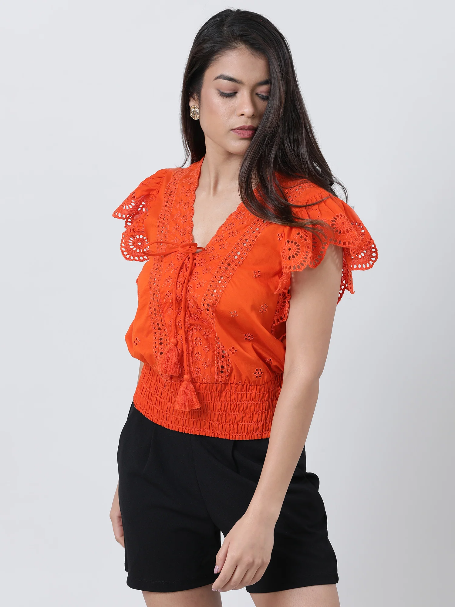 Women Regular Fit Orange Schiffli Top - Image 2