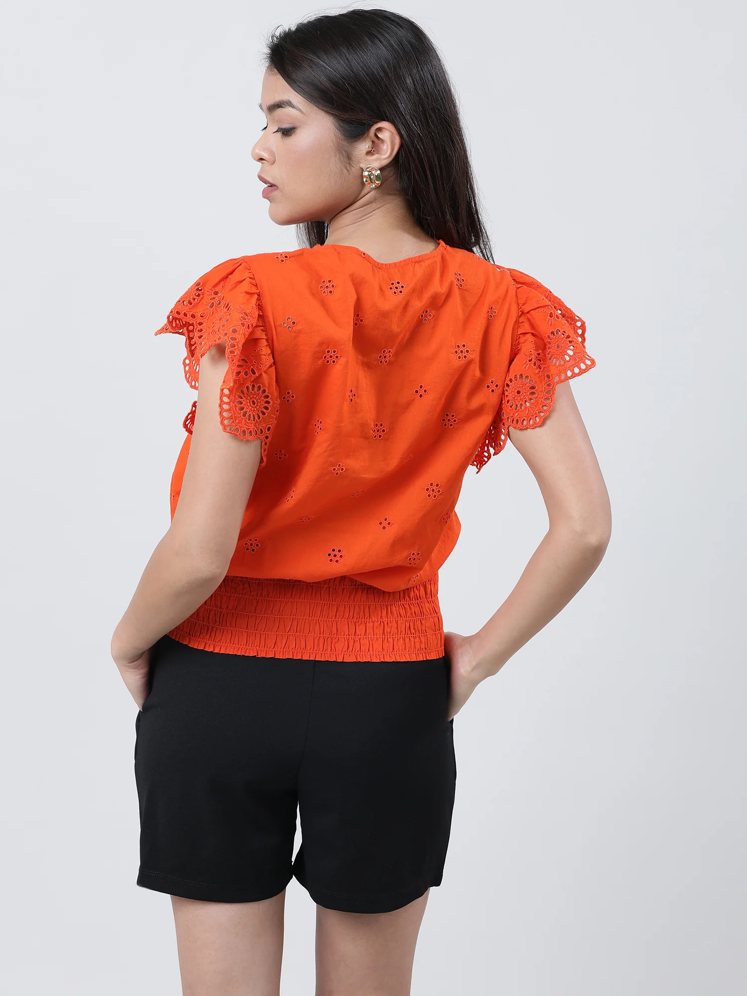 Women Regular Fit Orange Schiffli Top - Image 6