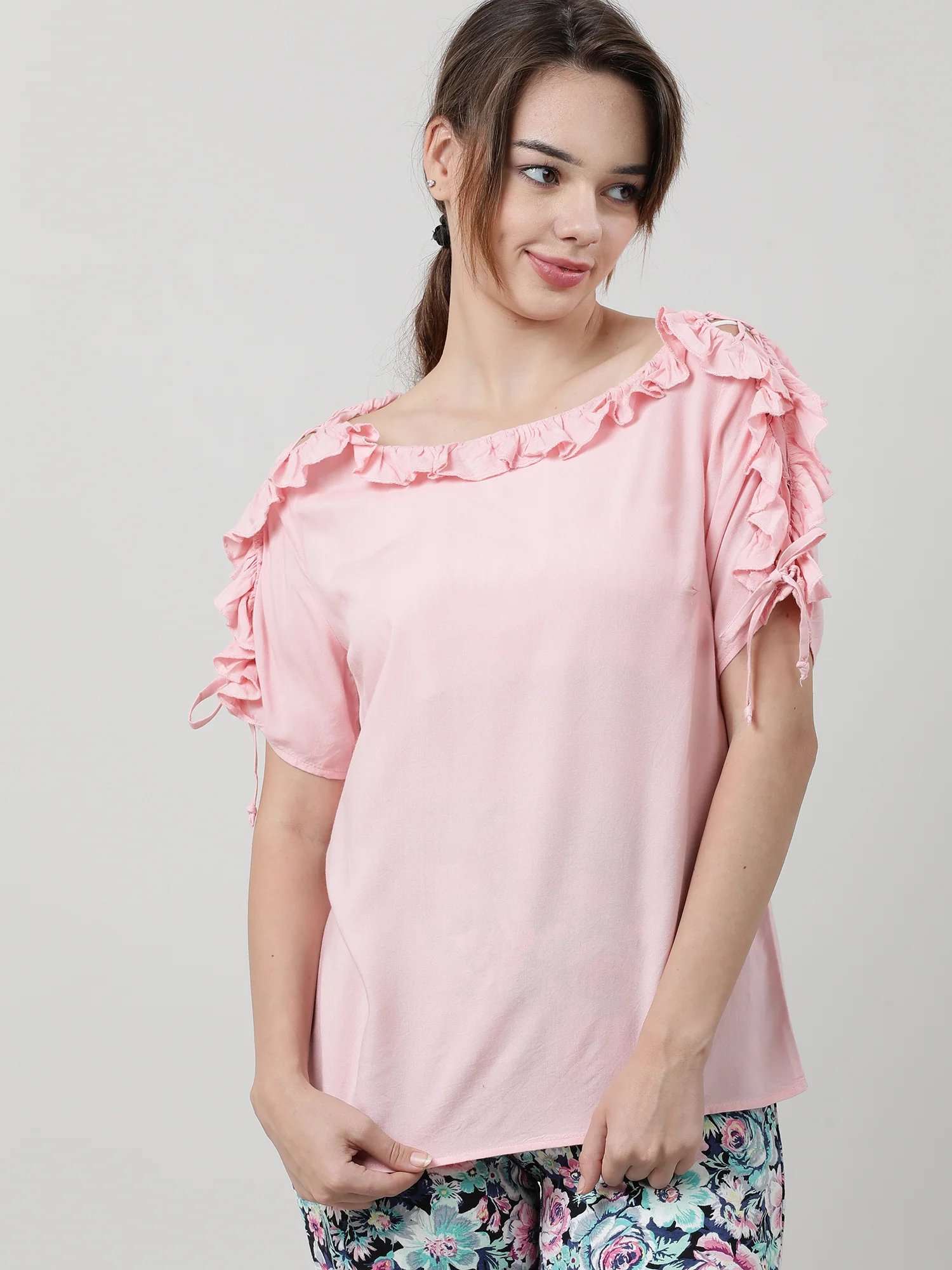 Women Regular Fit Pink Frilled Top - Image 2
