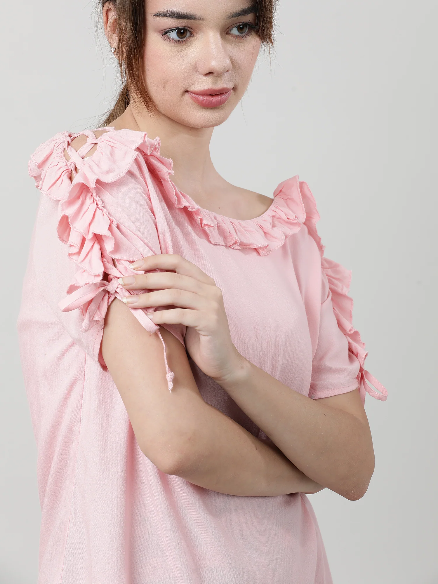 Women Regular Fit Pink Frilled Top - Image 5