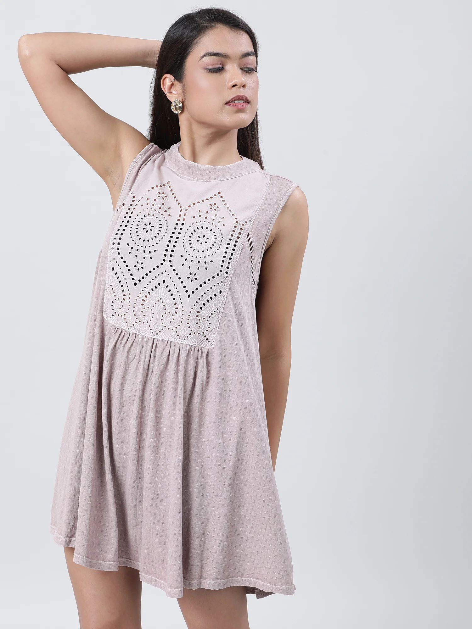 Women Regular Fit Pink Schiffli Skater Dress - Image 4