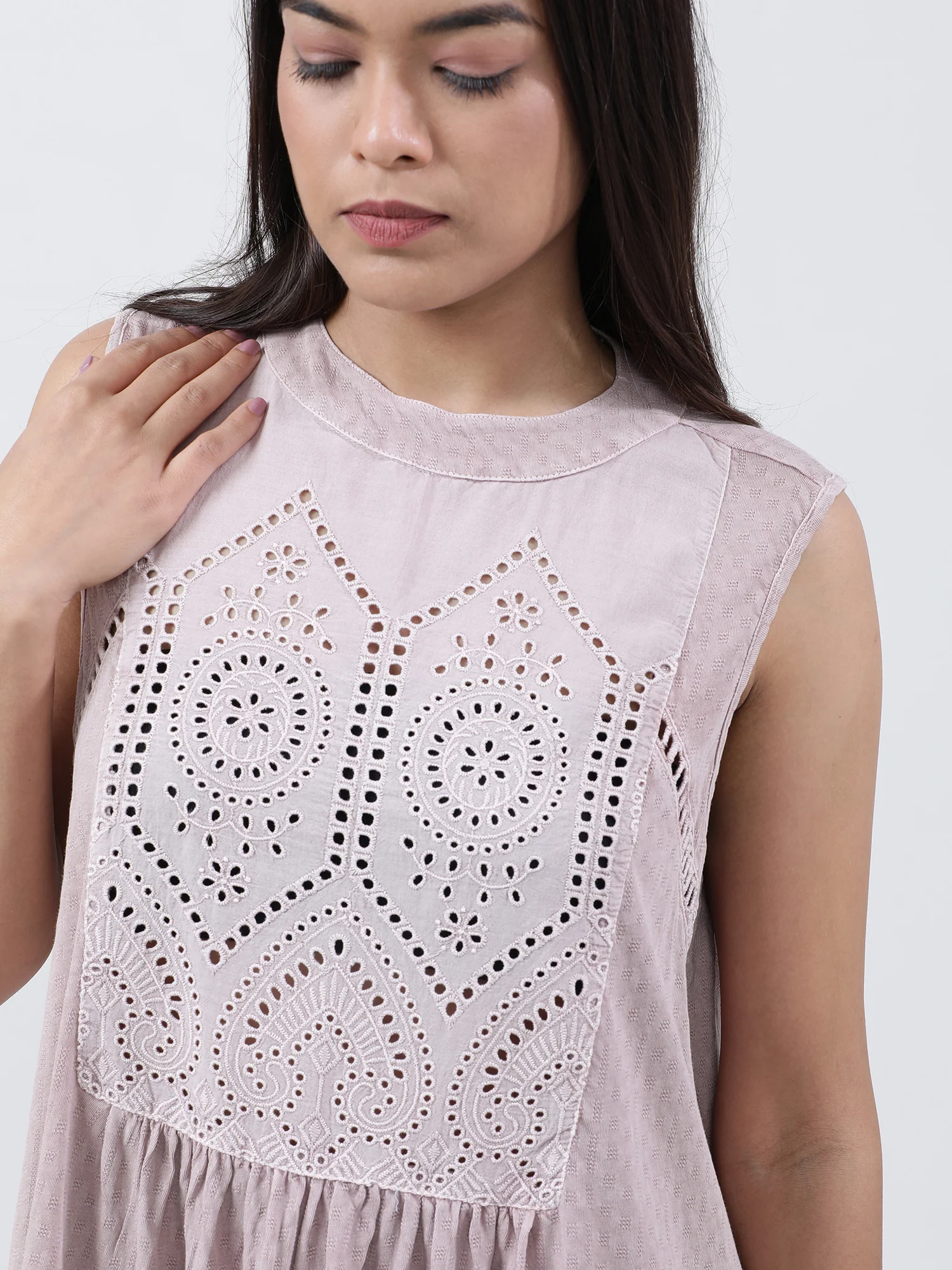 Women Regular Fit Pink Schiffli Skater Dress - Image 6