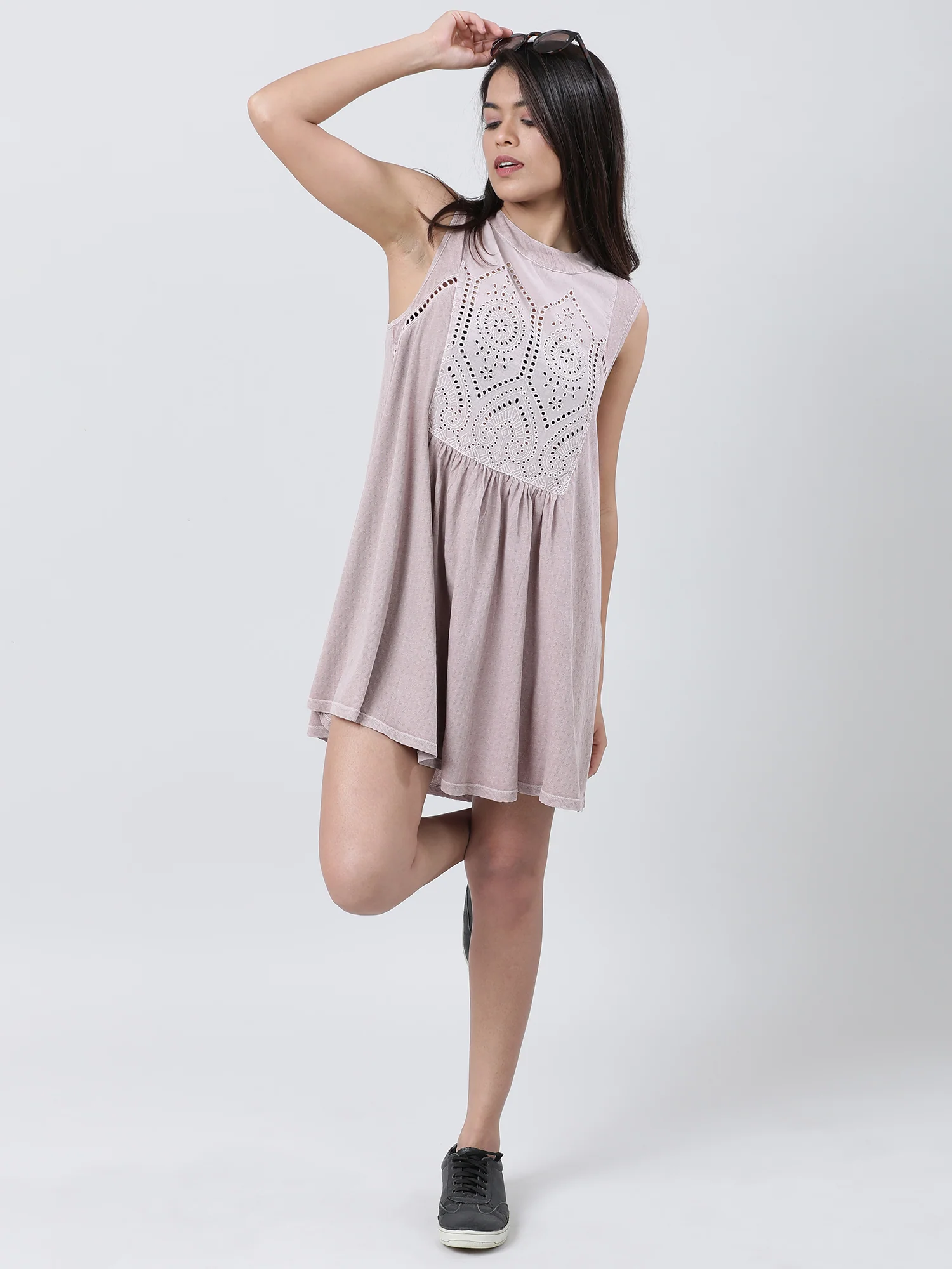 Women Regular Fit Pink Schiffli Skater Dress - Image 7