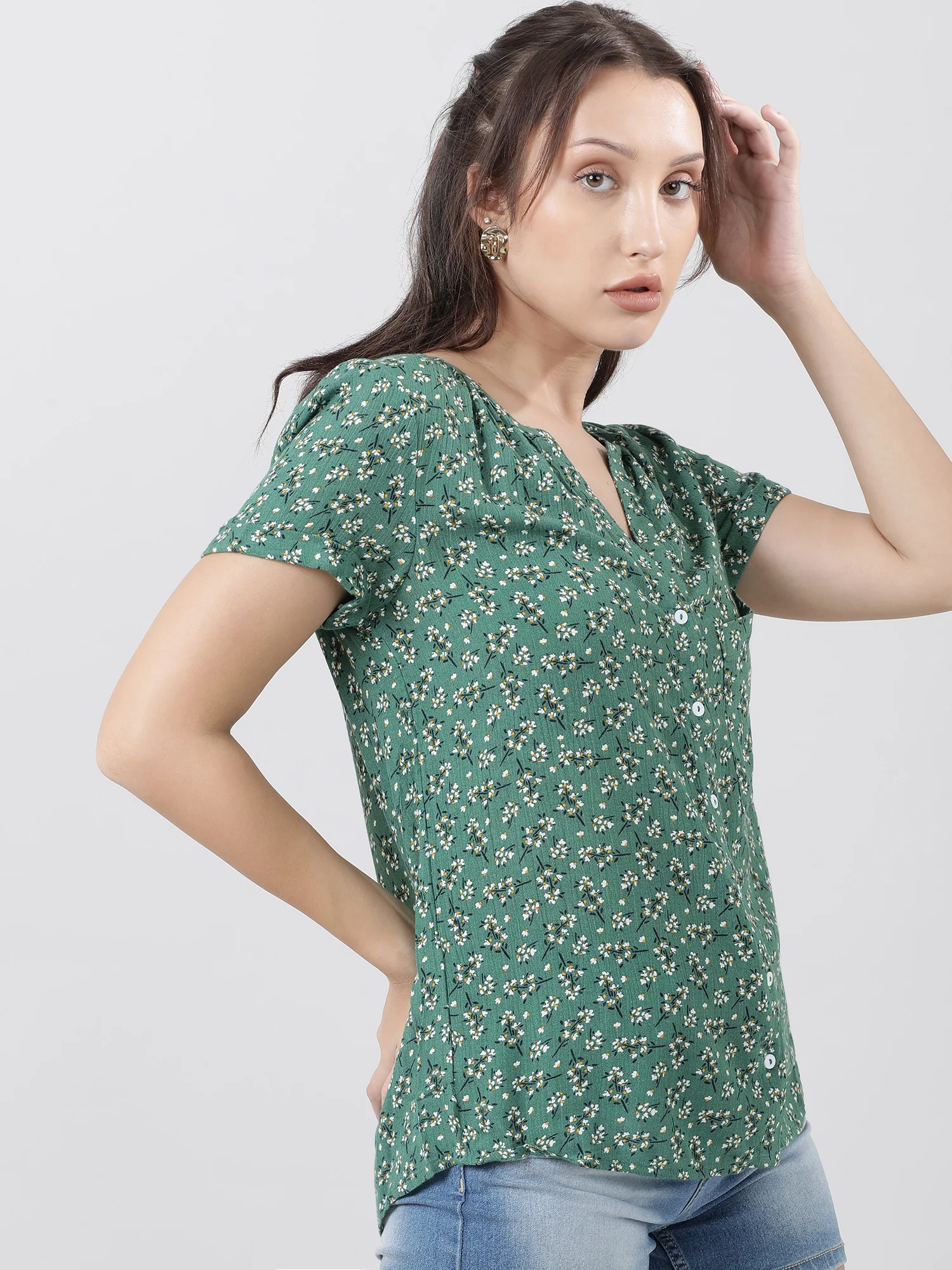 Women Regular Fit Printed Green Top - Image 3