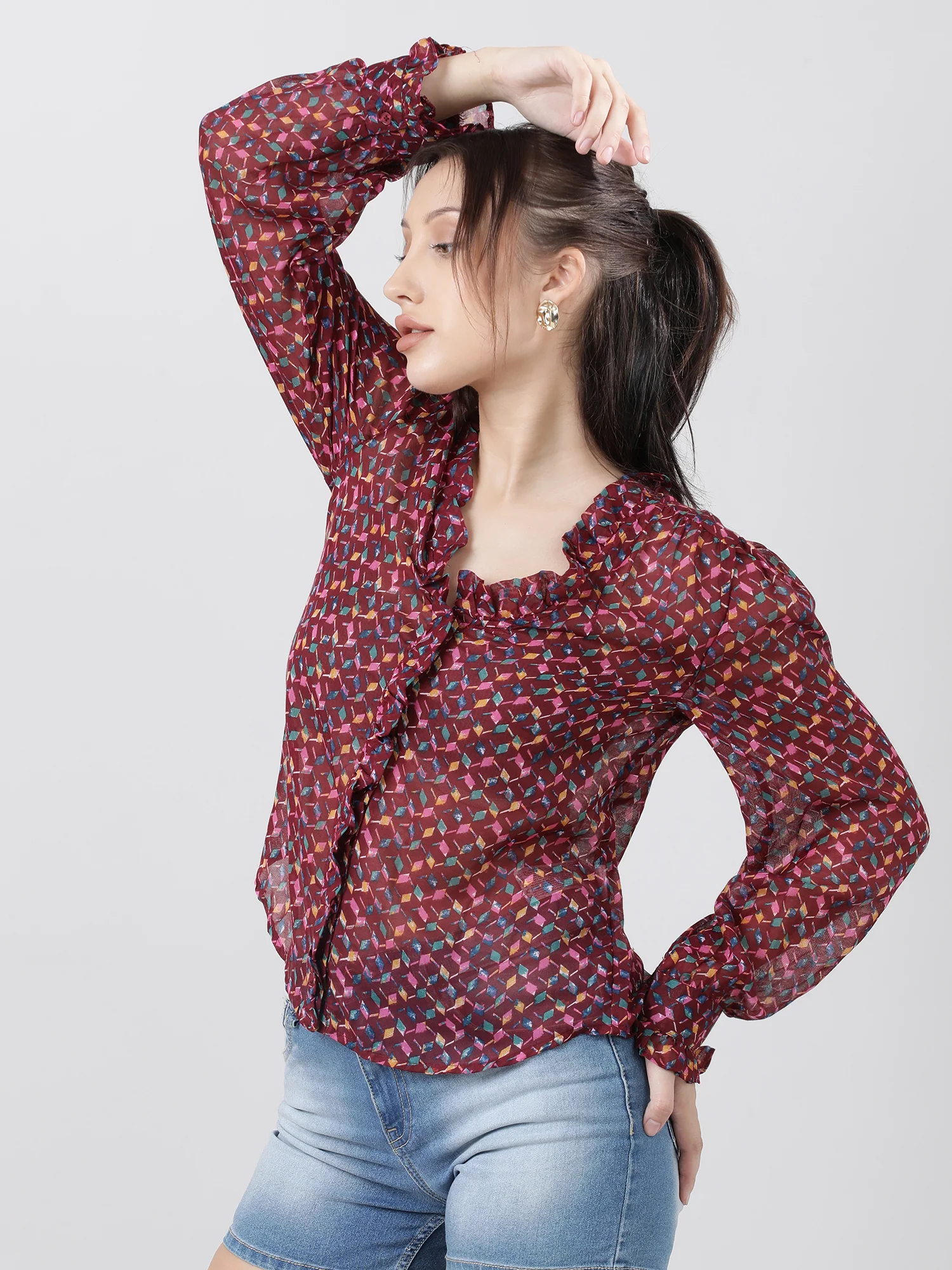 Women Regular Fit Printed Maroon Frilled Top - Image 3