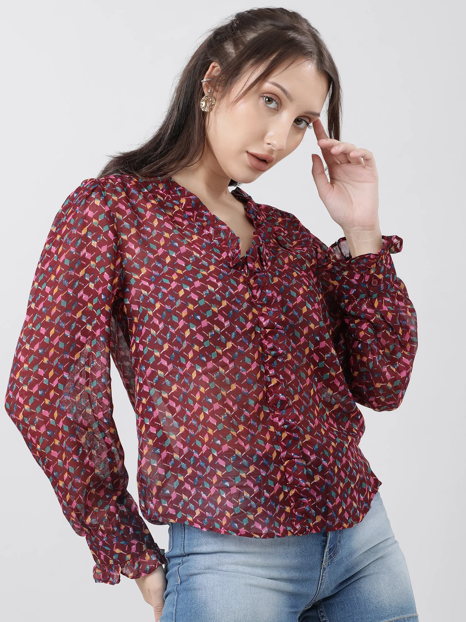 Women Regular Fit Printed Maroon Frilled Top - Image 4