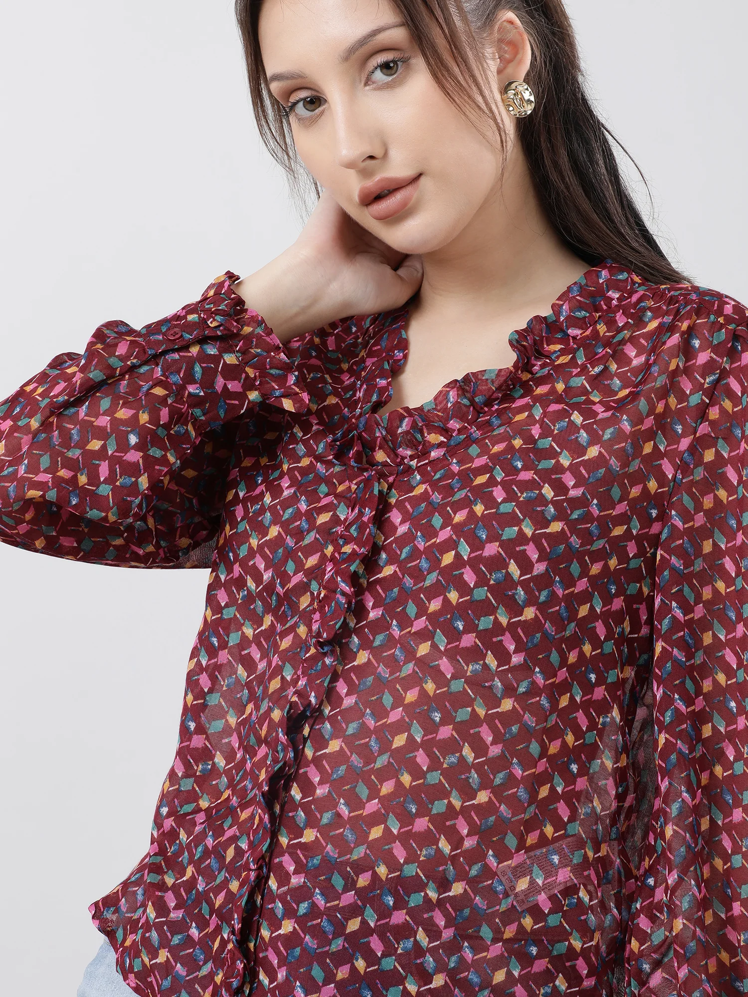 Women Regular Fit Printed Maroon Frilled Top - Image 5