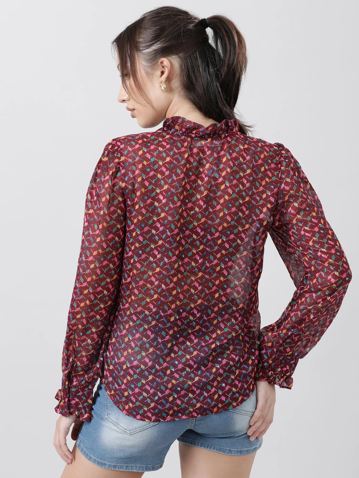 Women Regular Fit Printed Maroon Frilled Top - Image 6