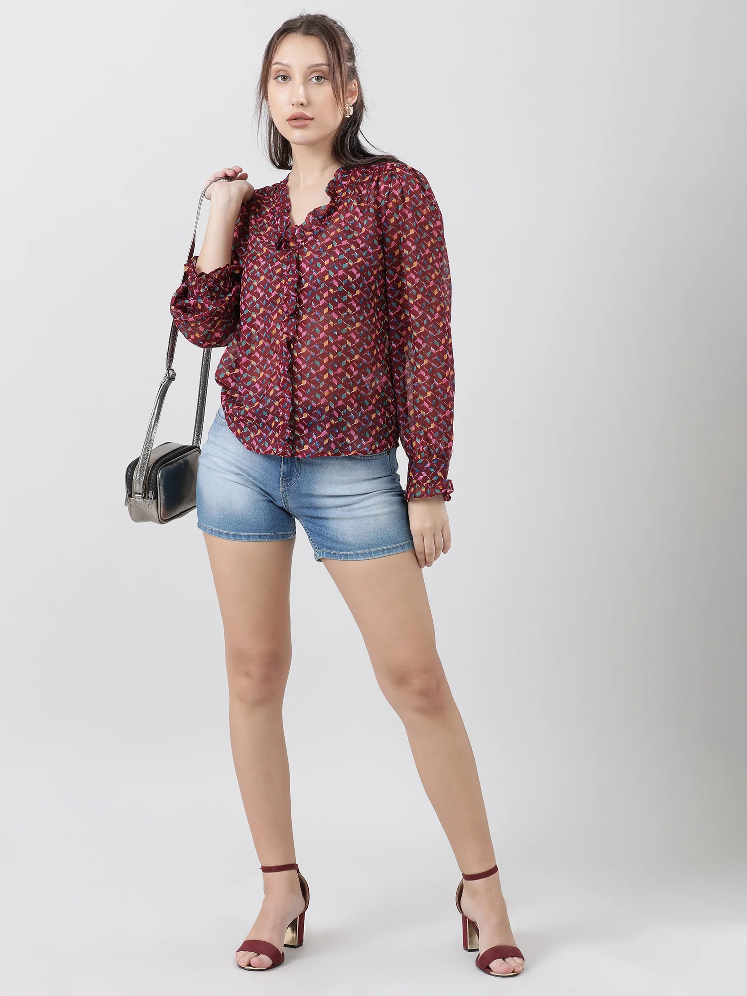 Women Regular Fit Printed Maroon Frilled Top - Image 7