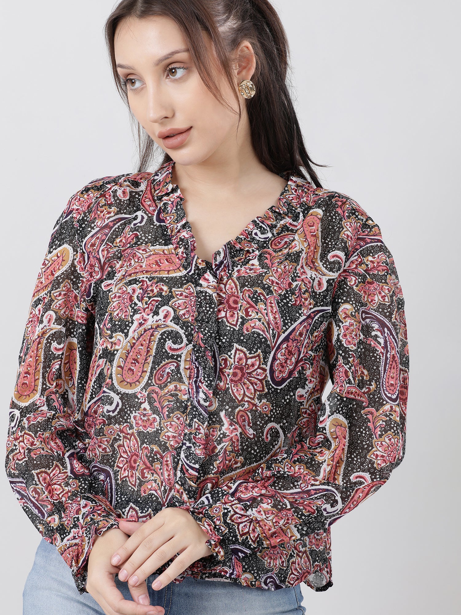 Women Regular Fit Printed Pink Top With Frilled Neckline - Image 4