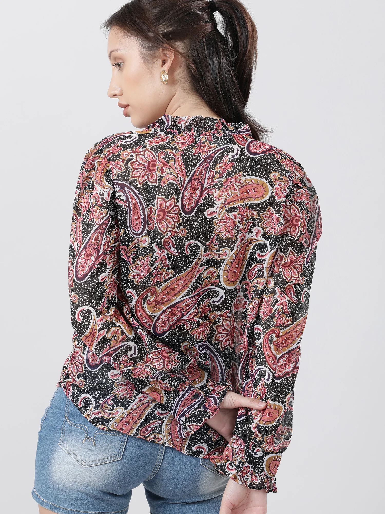Women Regular Fit Printed Pink Top With Frilled Neckline - Image 6