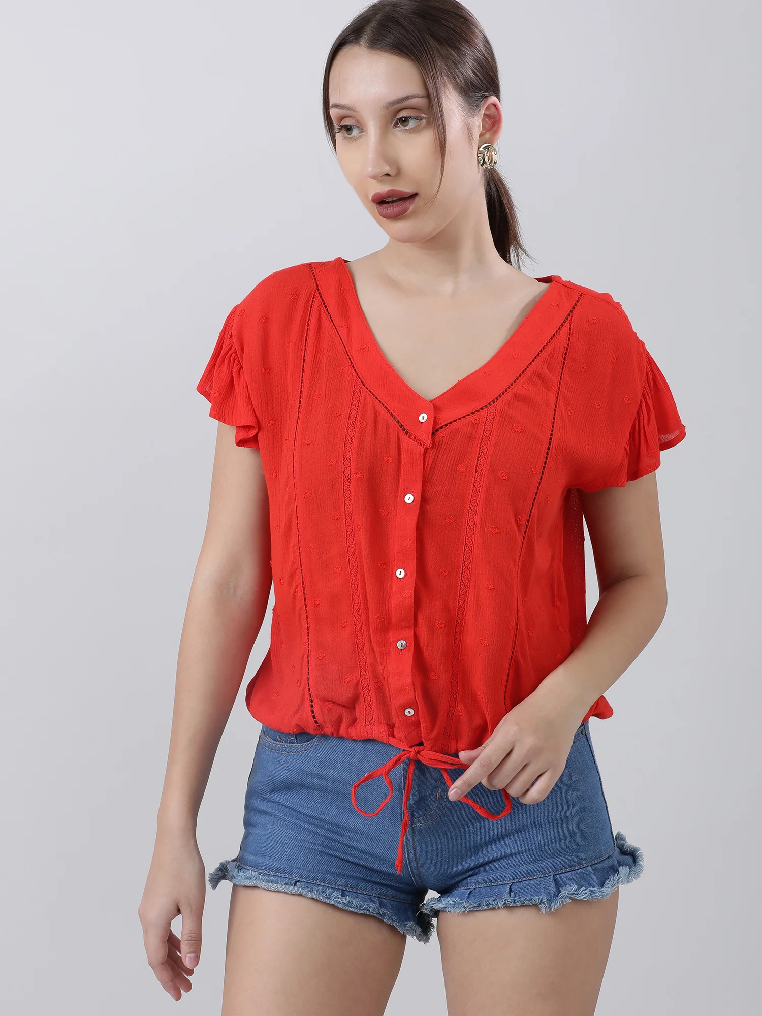 Women Regular Fit Red Button Down V Neck Top