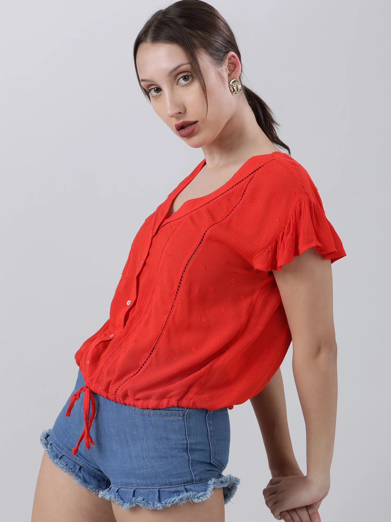 Women Regular Fit Red Button Down V Neck Top - Image 2