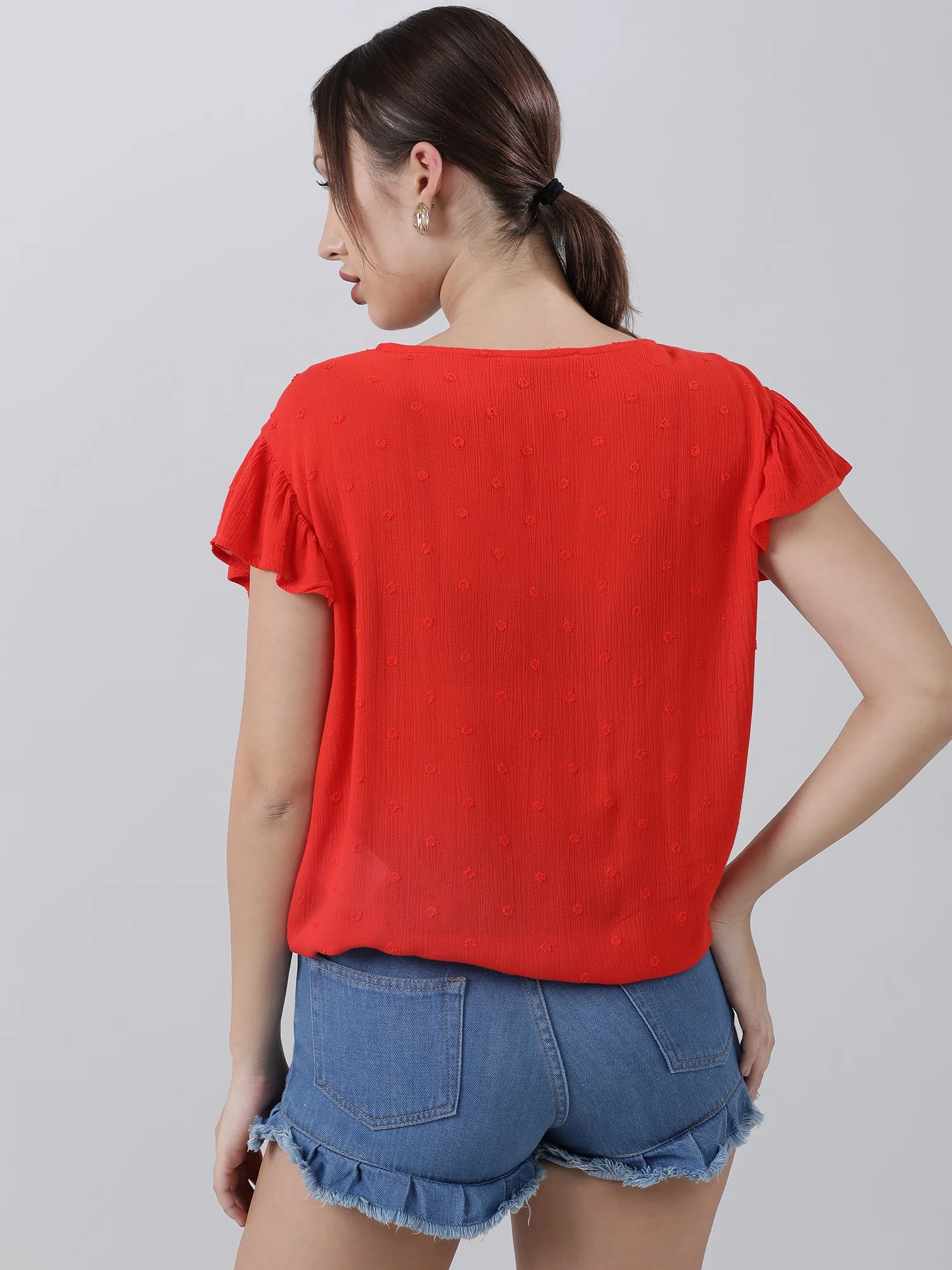 Women Regular Fit Red Button Down V Neck Top - Image 3