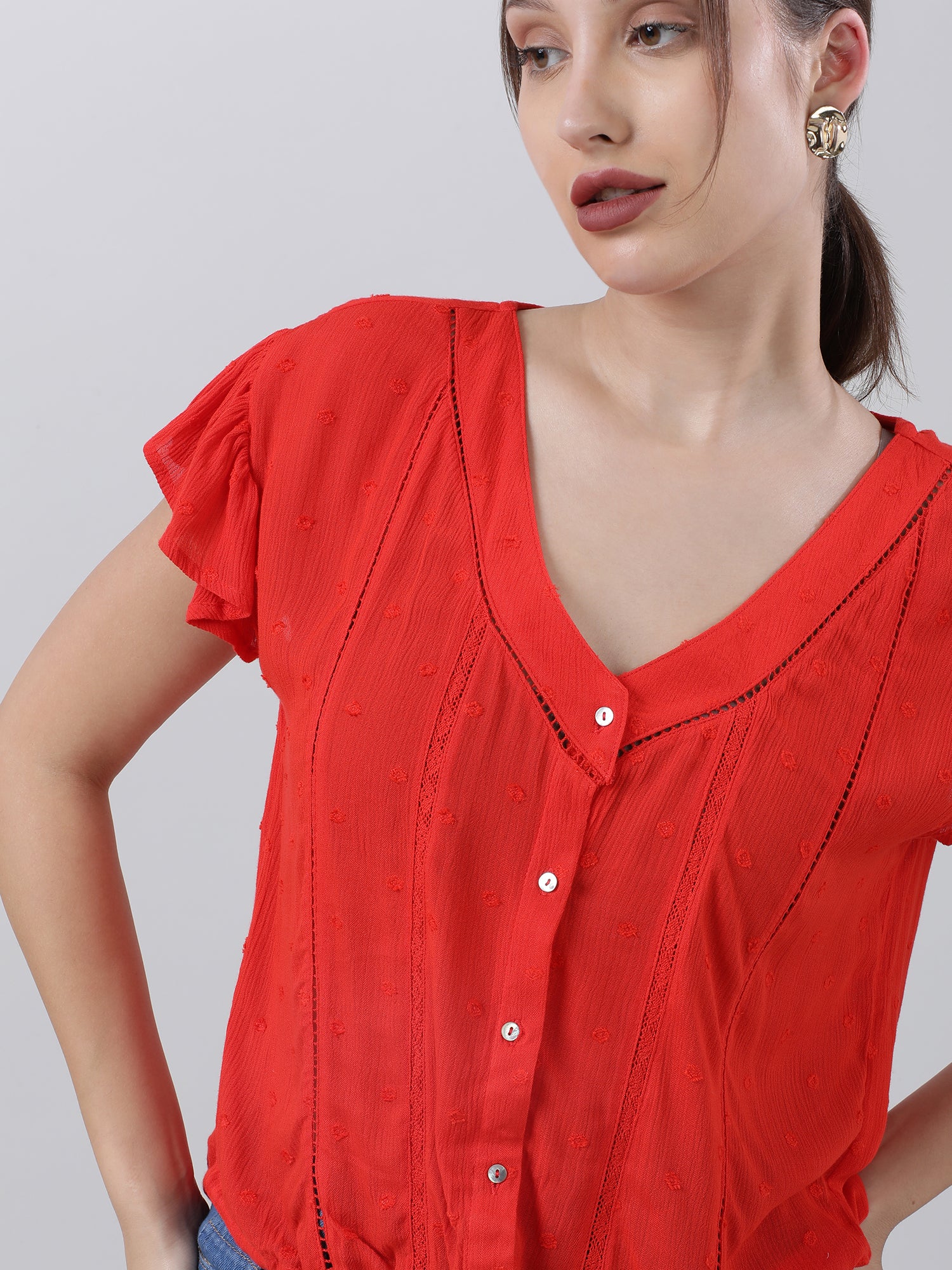 Women Regular Fit Red Button Down V Neck Top - Image 5