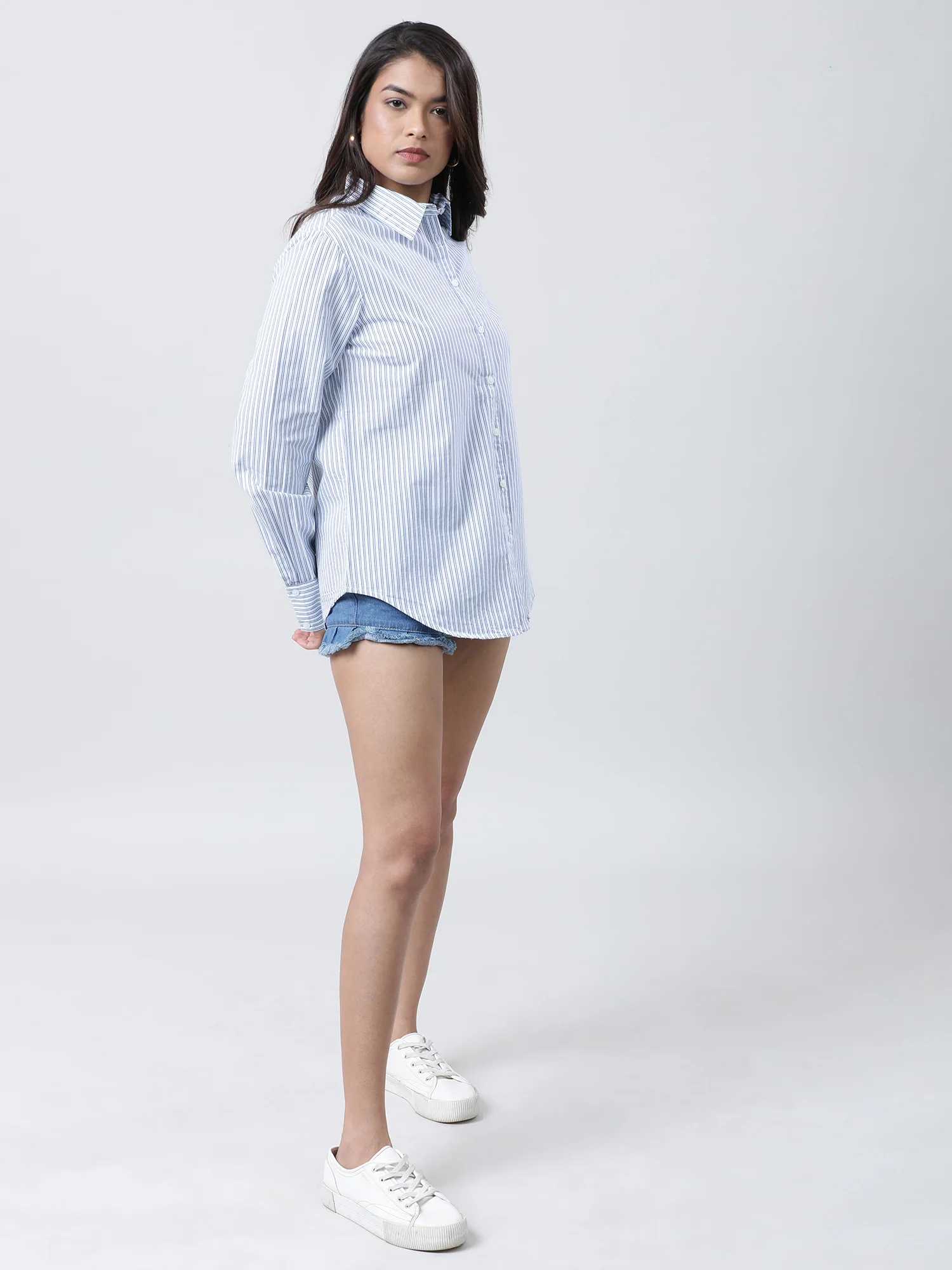 Women Regular Fit Striped Blue Shirt - Image 2