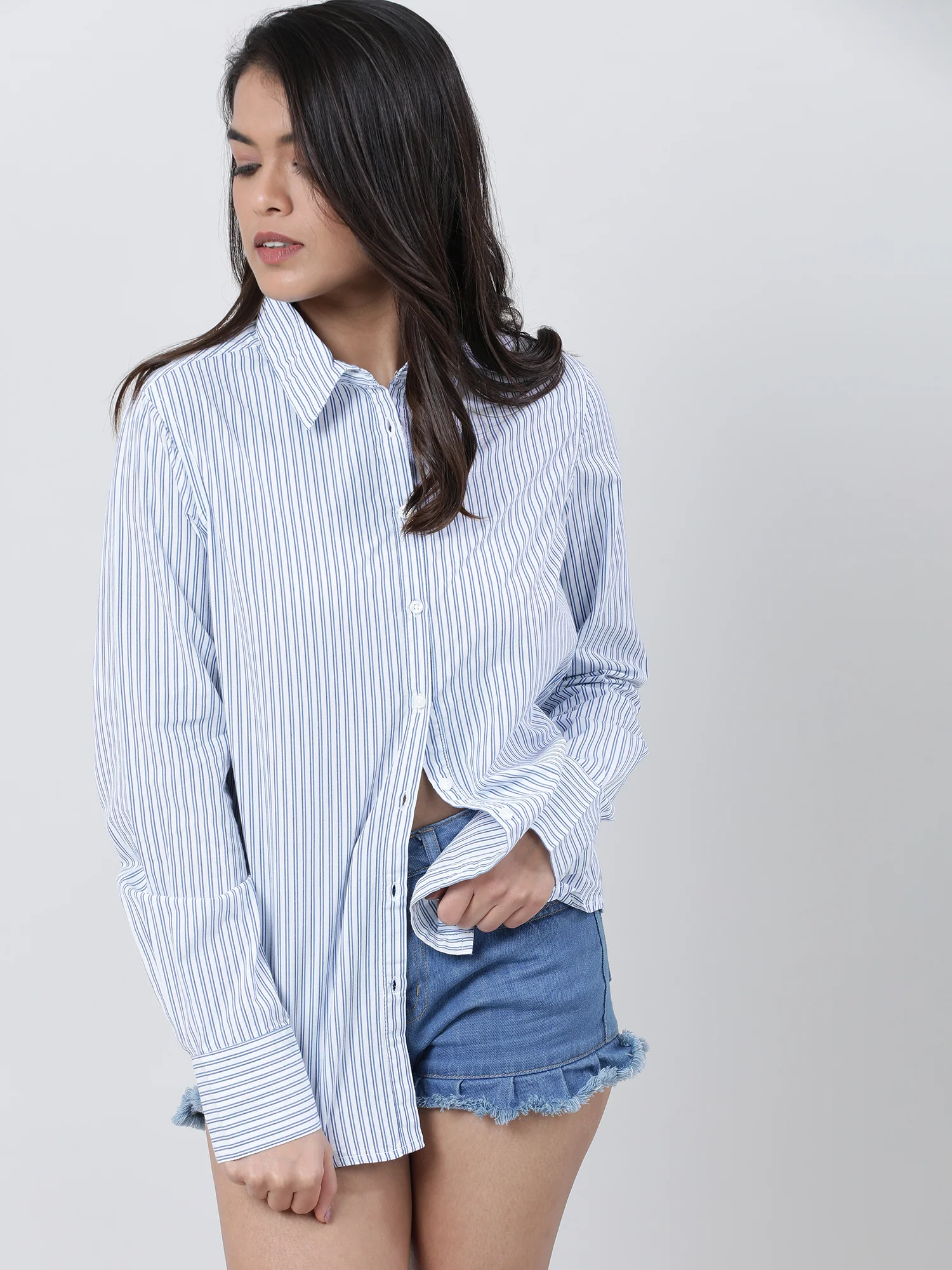 Women Regular Fit Striped Blue Shirt - Image 3