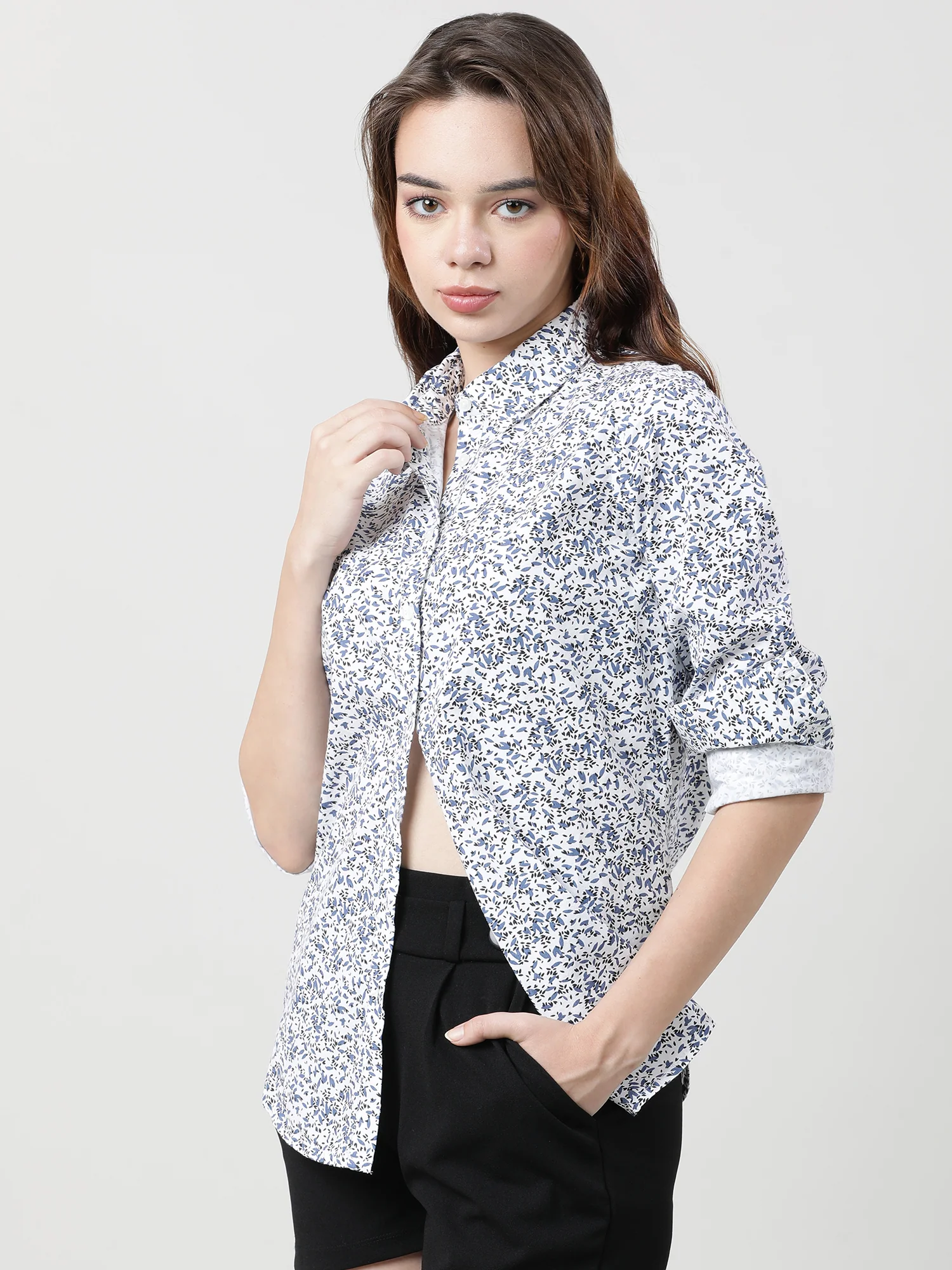 Women Regular Fit Floral Blue Shirt - Image 2