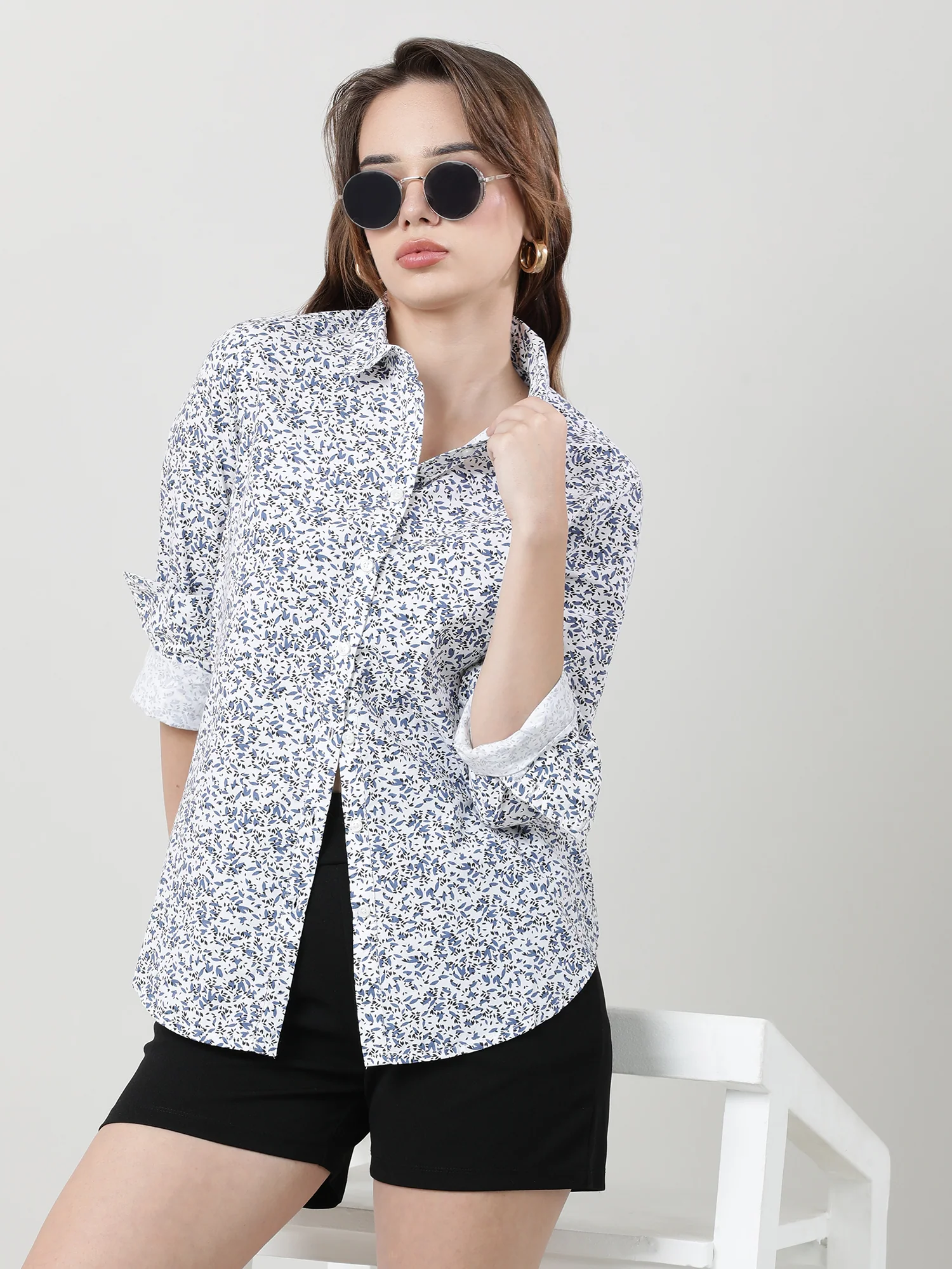 Women Regular Fit Floral Blue Shirt - Image 6