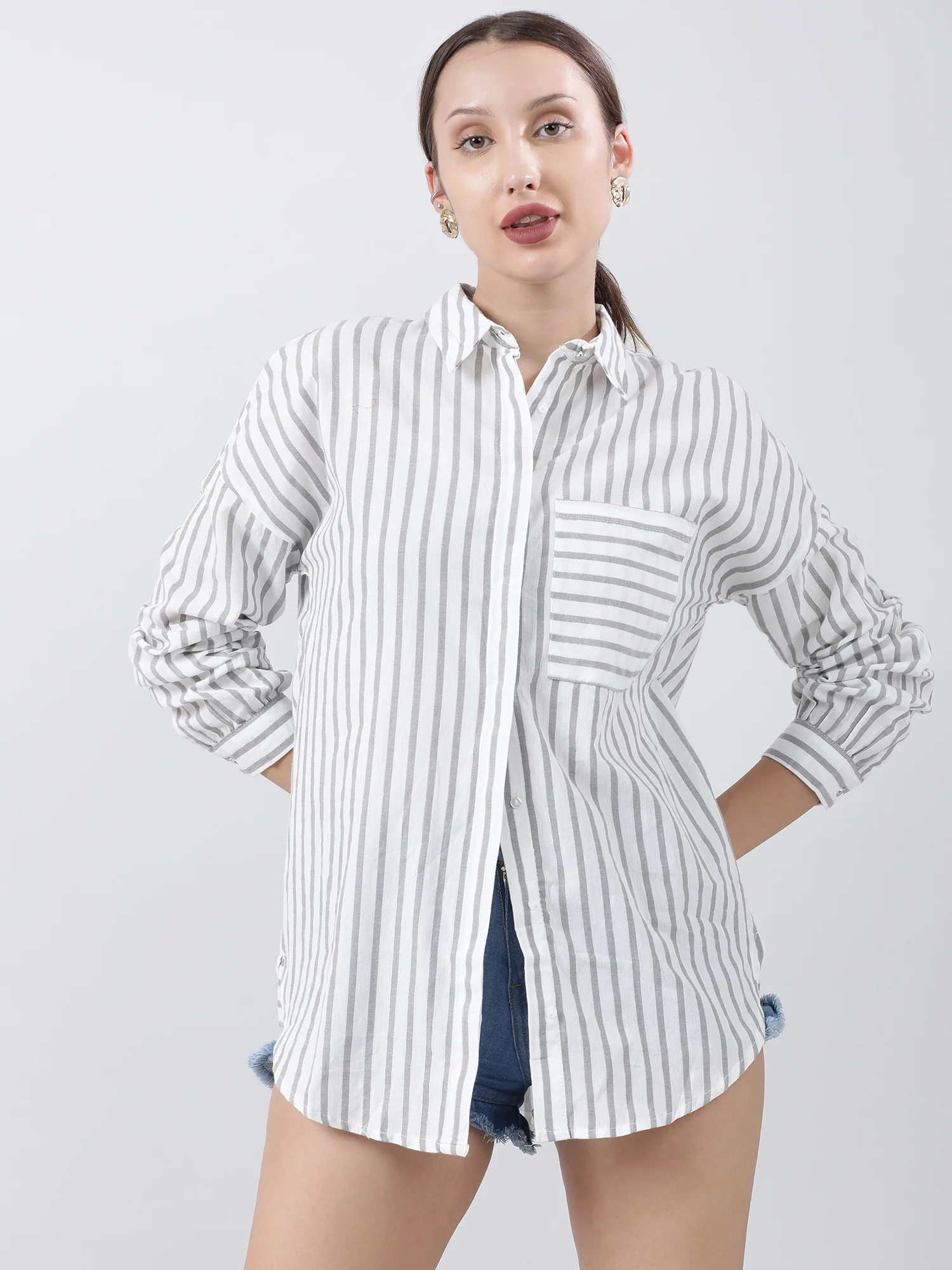 Women Grey Striped Shirt with Patch Pockets - Image 2