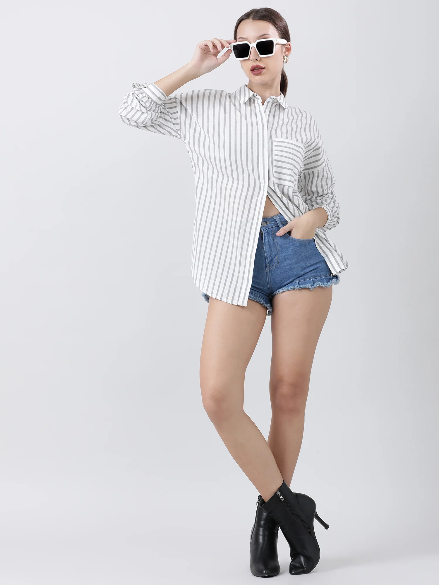 Women Grey Striped Shirt with Patch Pockets - Image 3