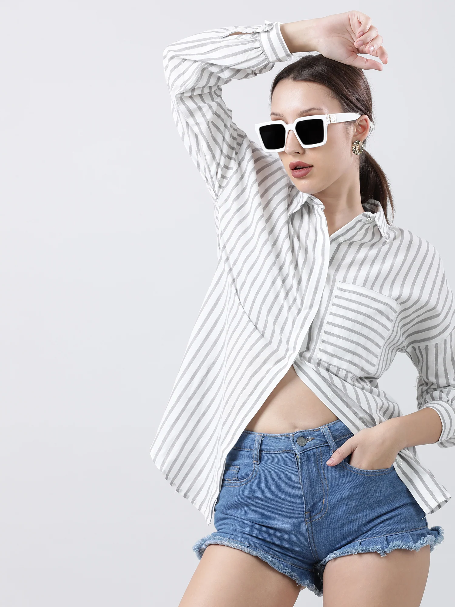 Women Grey Striped Shirt with Patch Pockets - Image 4