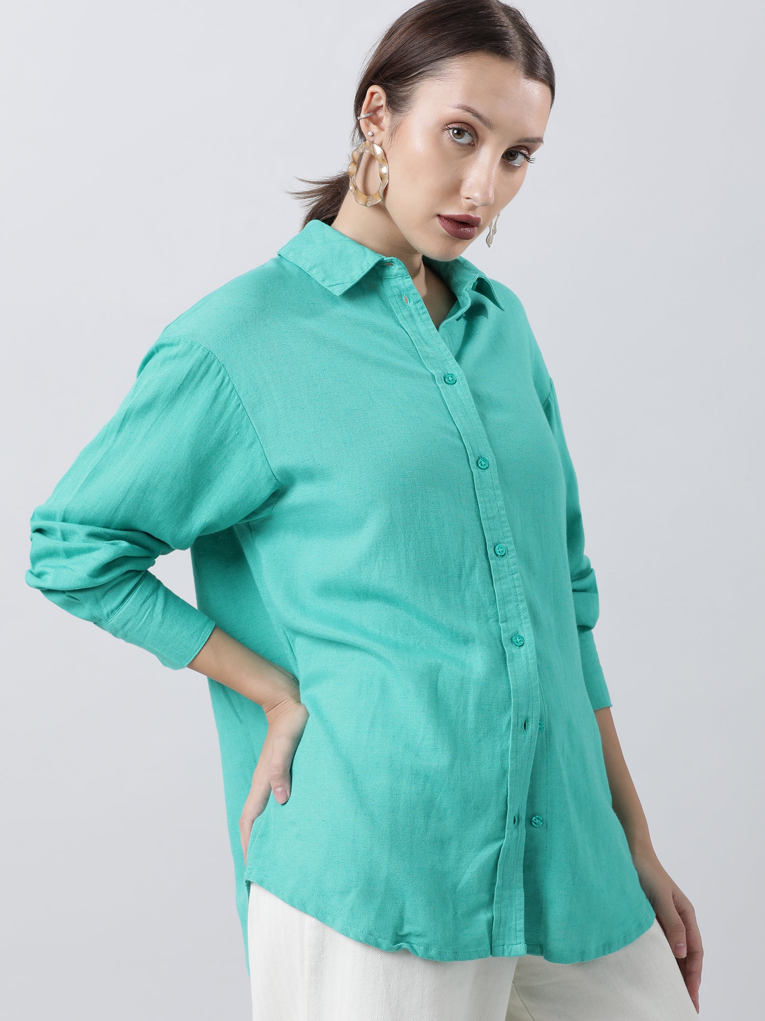 Women Regular Fit Textured Green Shirt - Image 3