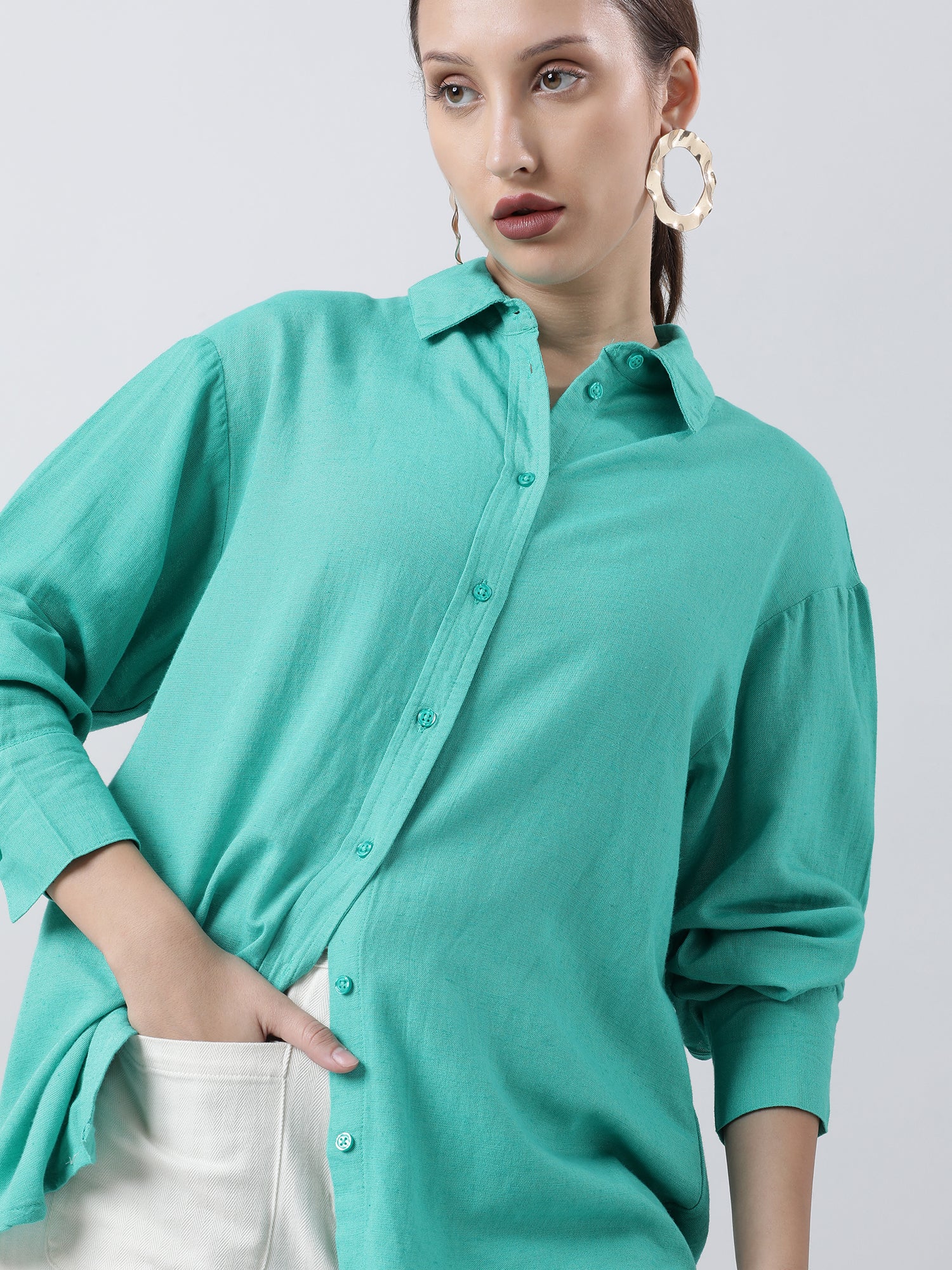 Women Regular Fit Textured Green Shirt - Image 4