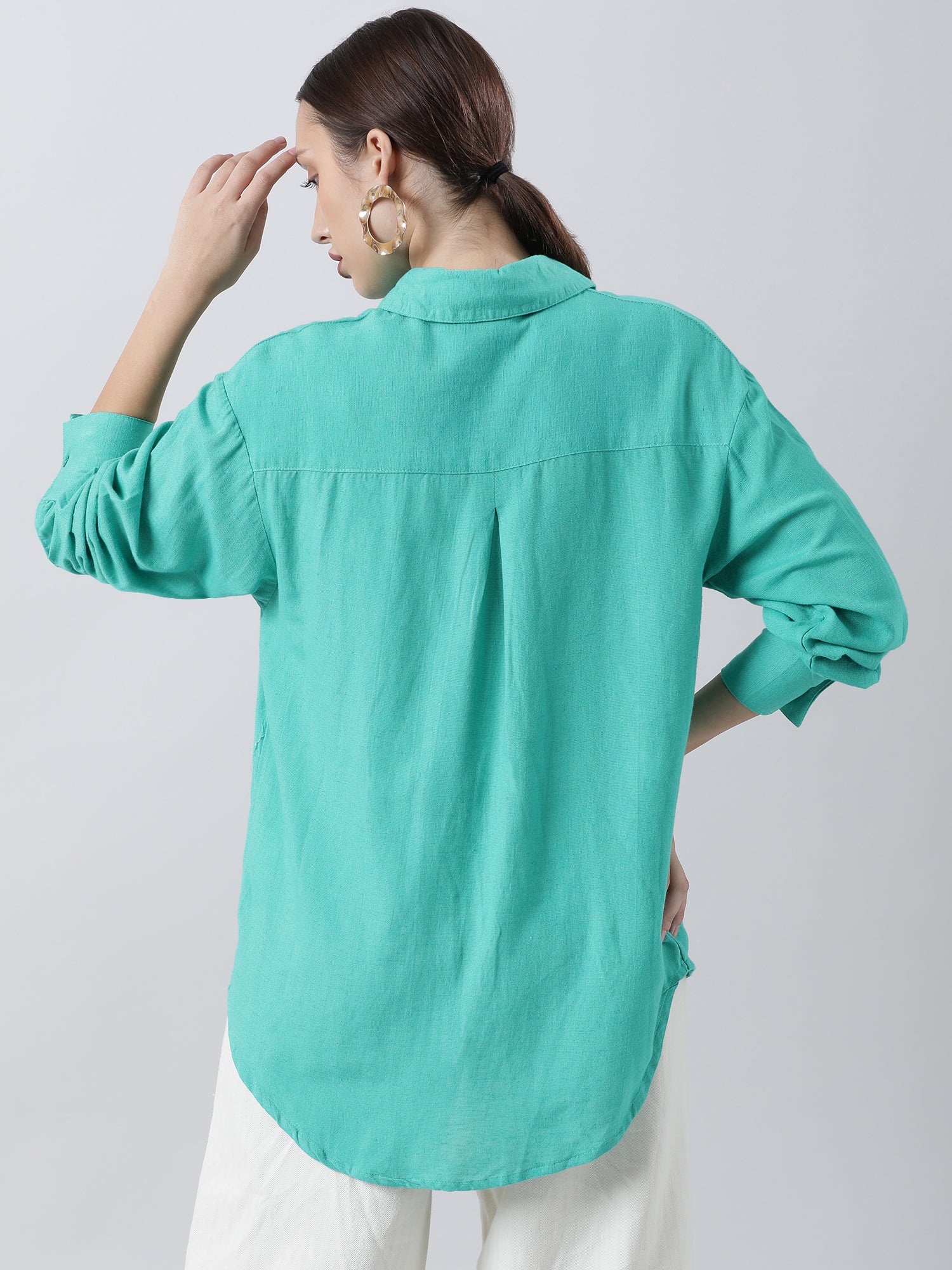 Women Regular Fit Textured Green Shirt - Image 5