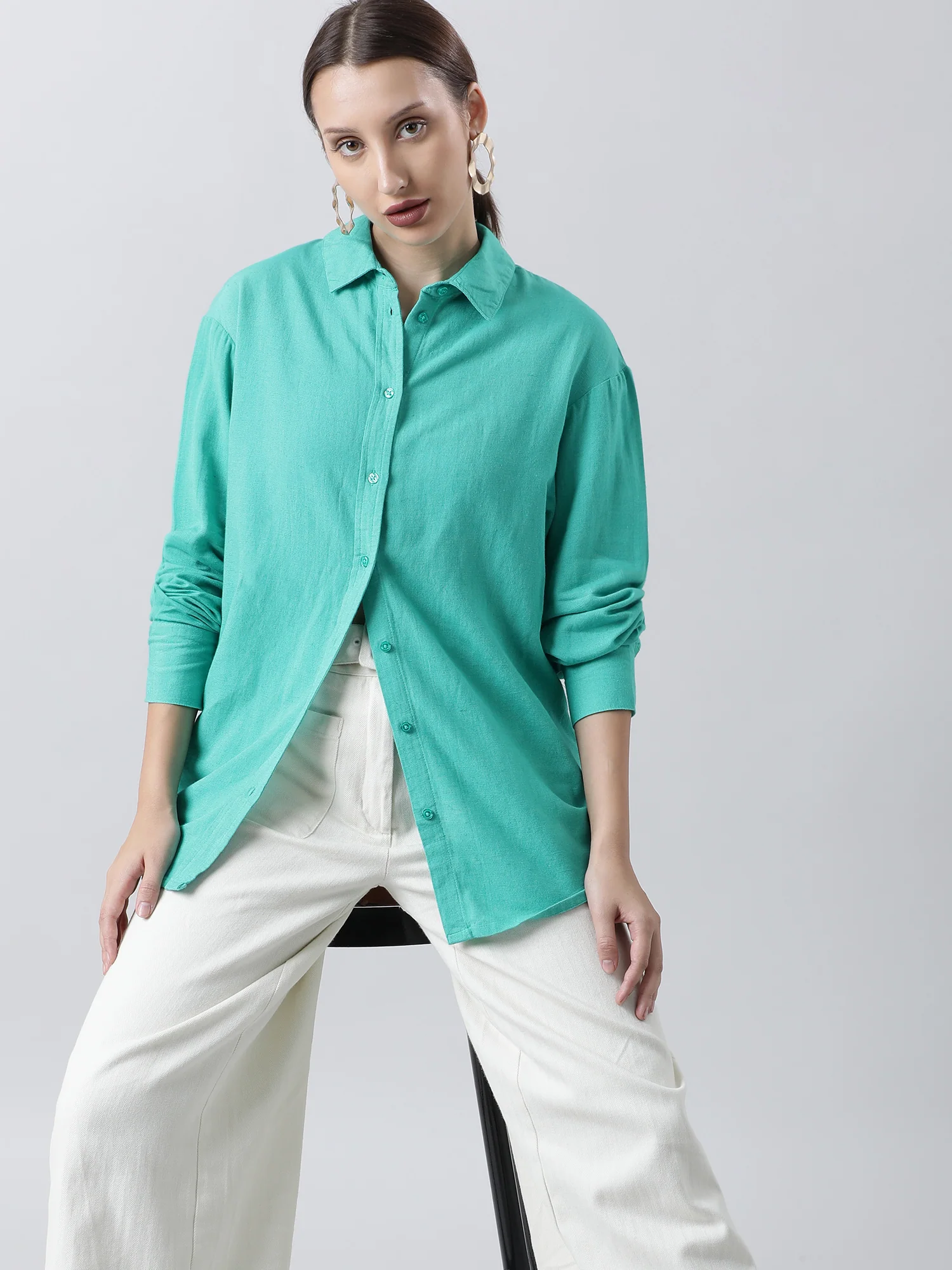 Women Regular Fit Textured Green Shirt - Image 6