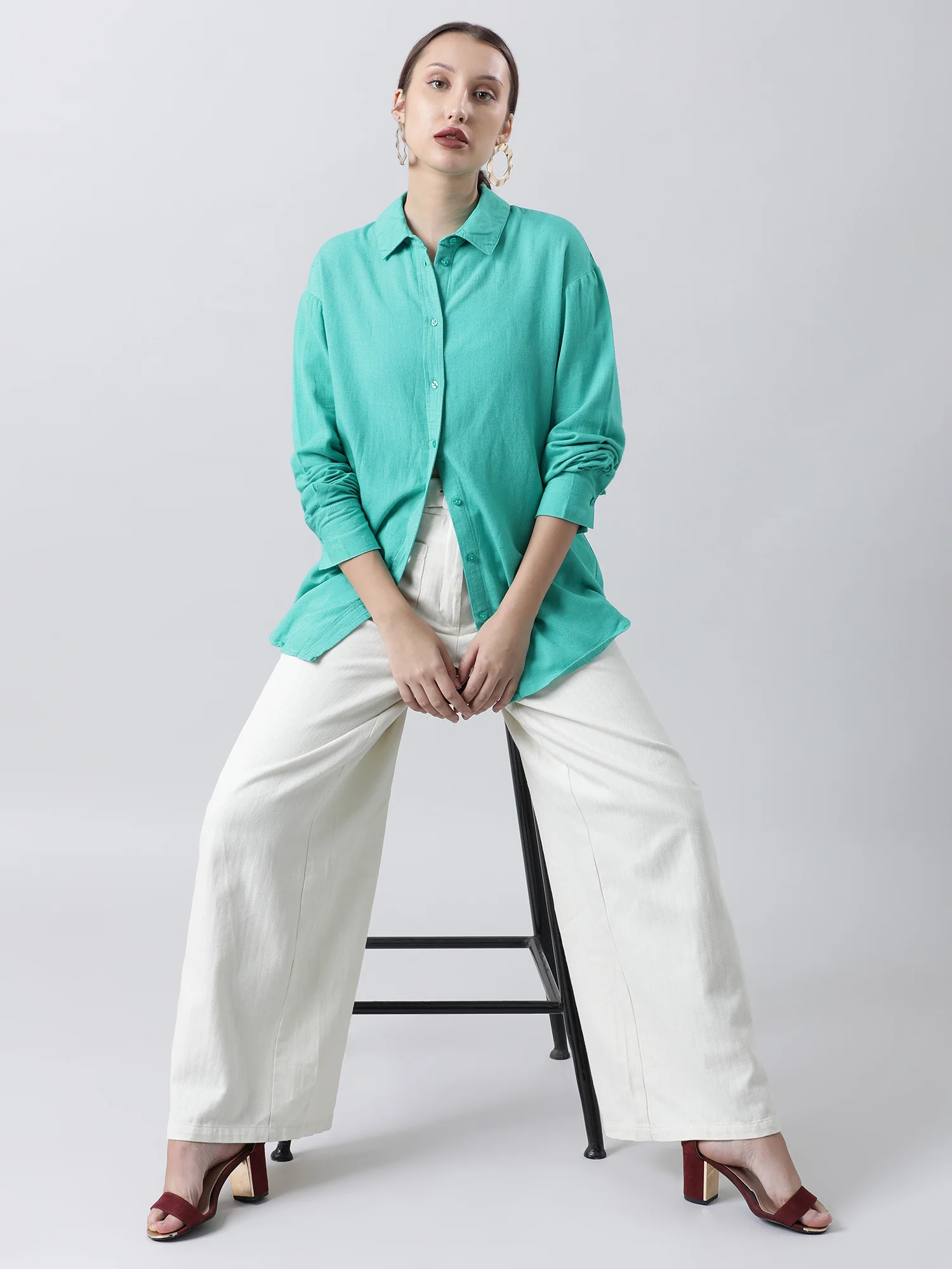 Women Regular Fit Textured Green Shirt - Image 7