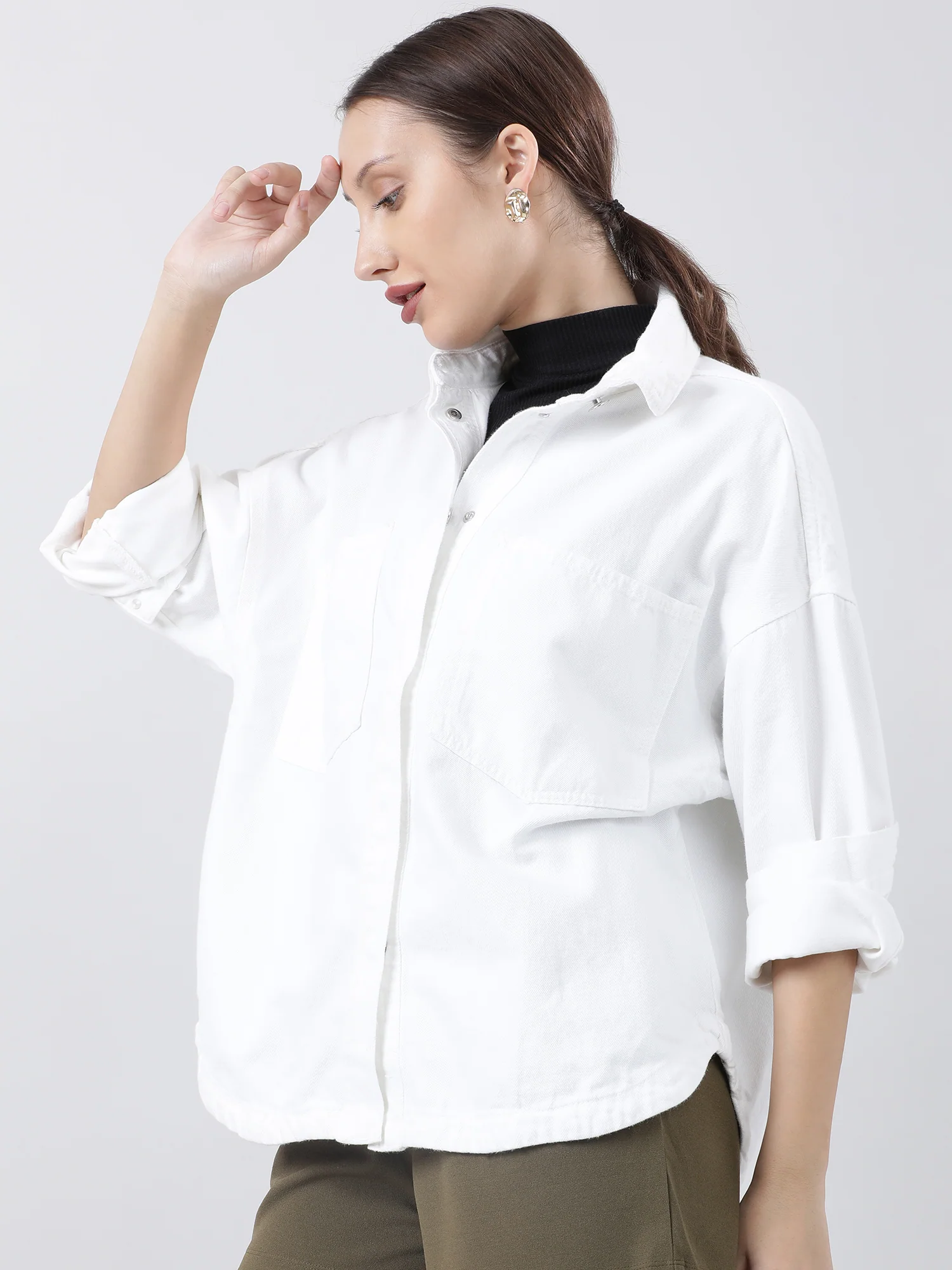 Women Regular Fit White Button Down Oversized Shirt - Image 3