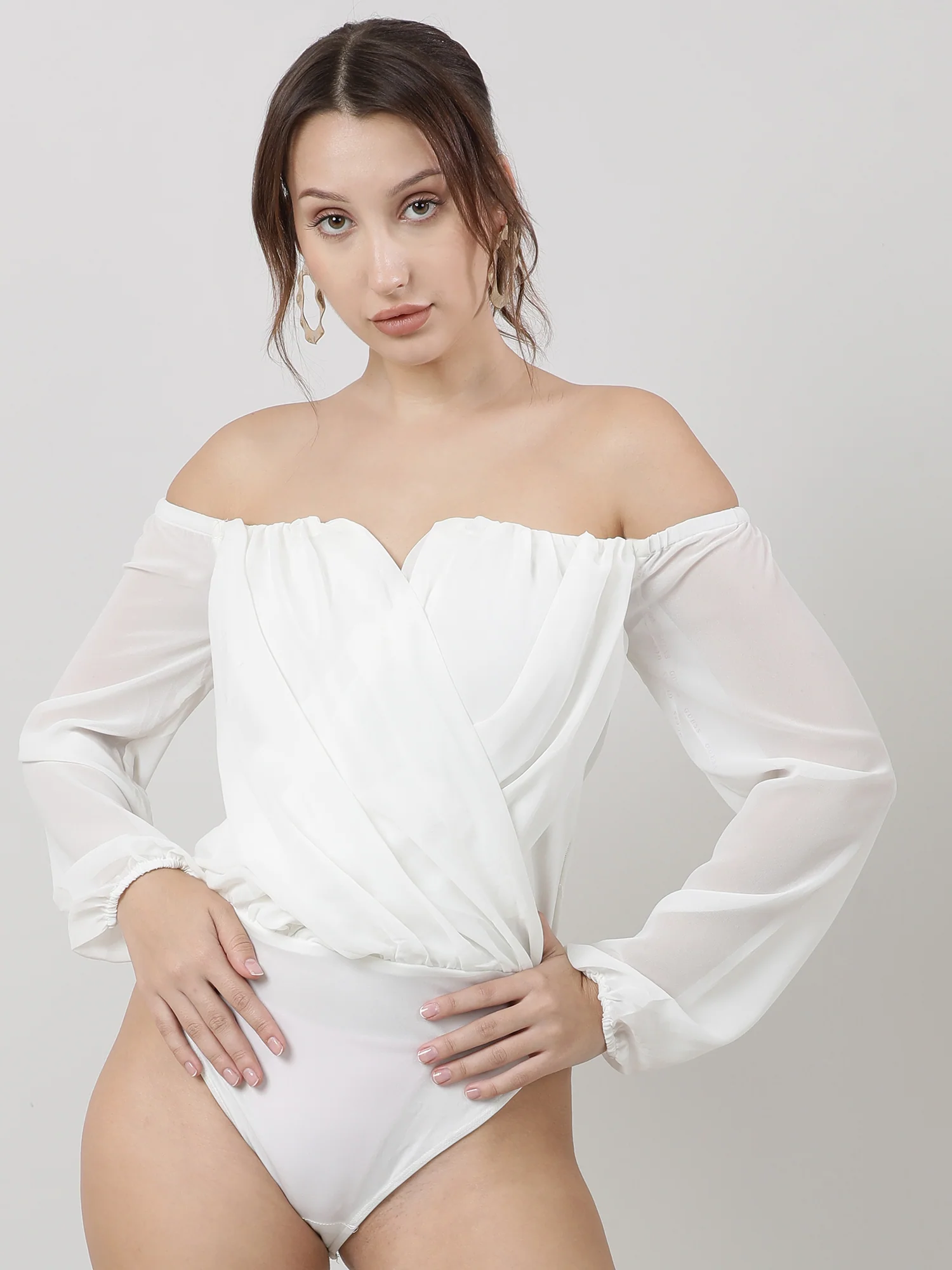 Women Regular Fit White Off Shoulder Bodysuit - Image 2