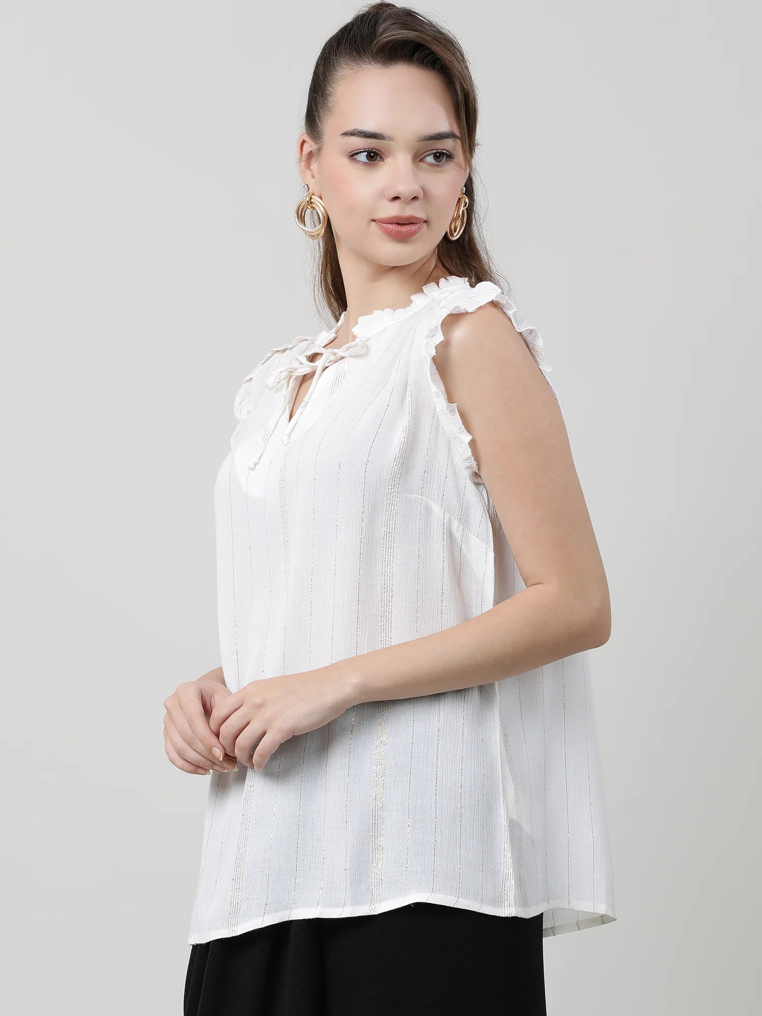 Women Regular Fit White Top With Frilled Sleeves - Image 2