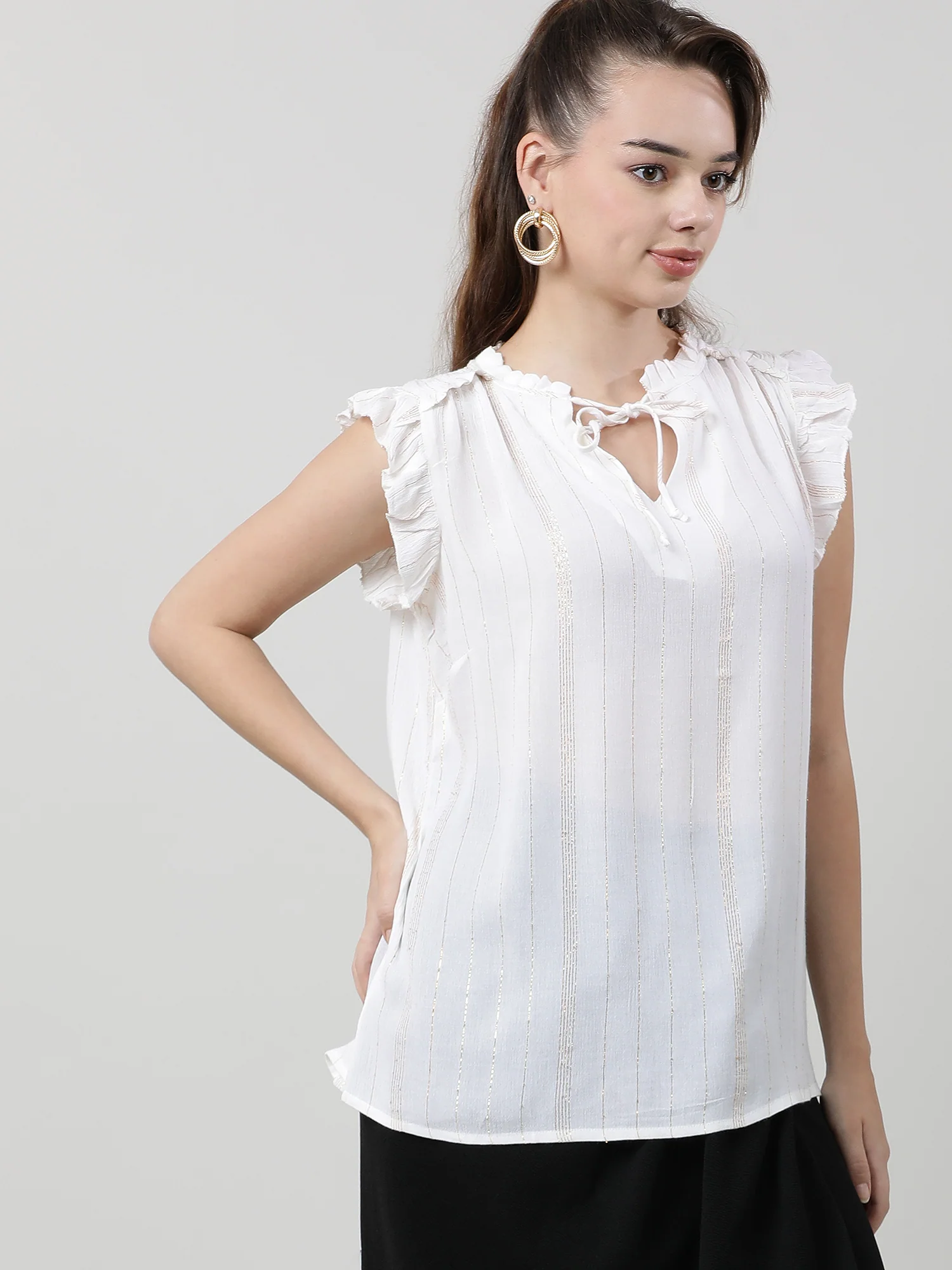 Women Regular Fit White Top With Frilled Sleeves - Image 3