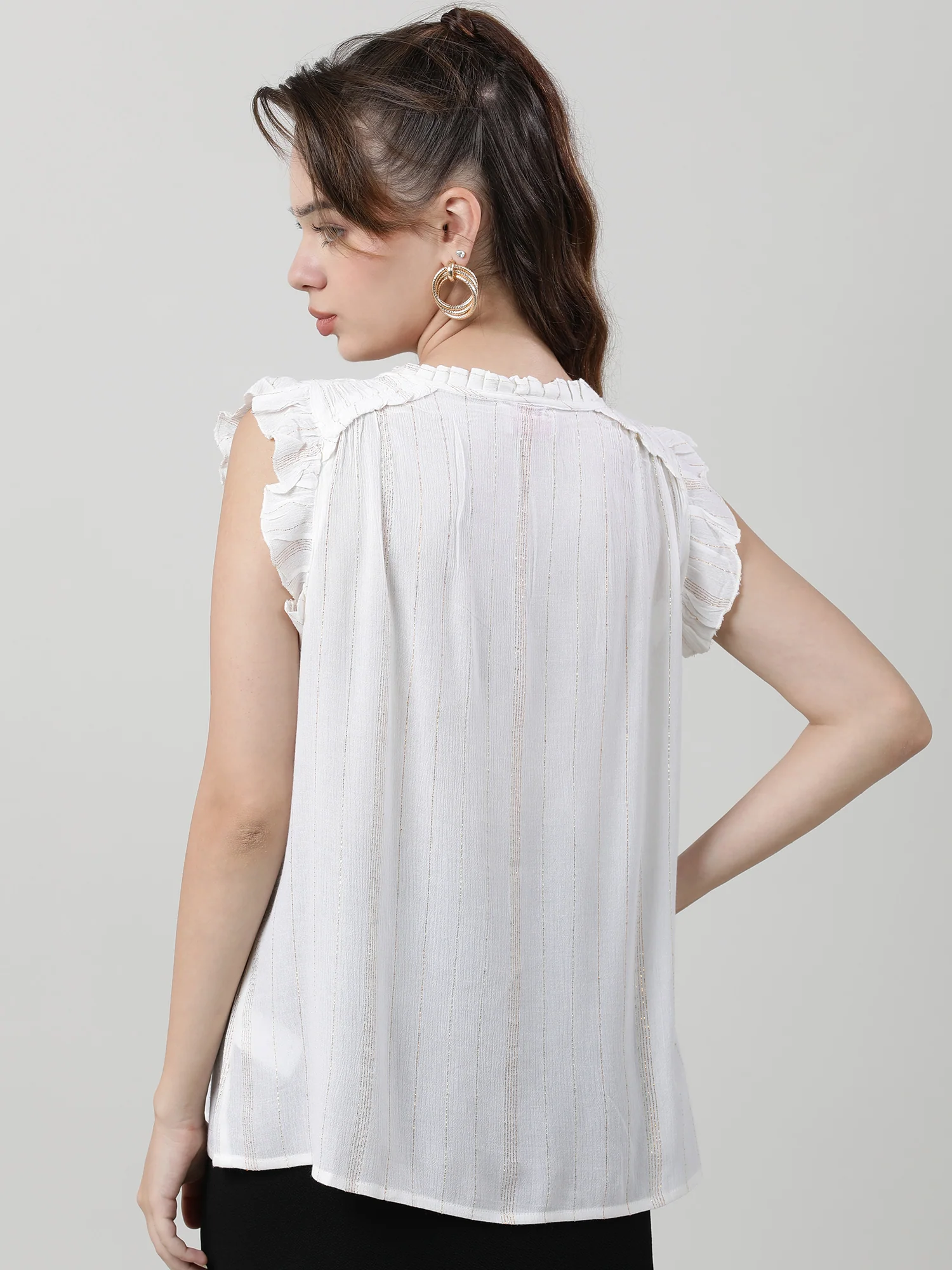 Women Regular Fit White Top With Frilled Sleeves - Image 6