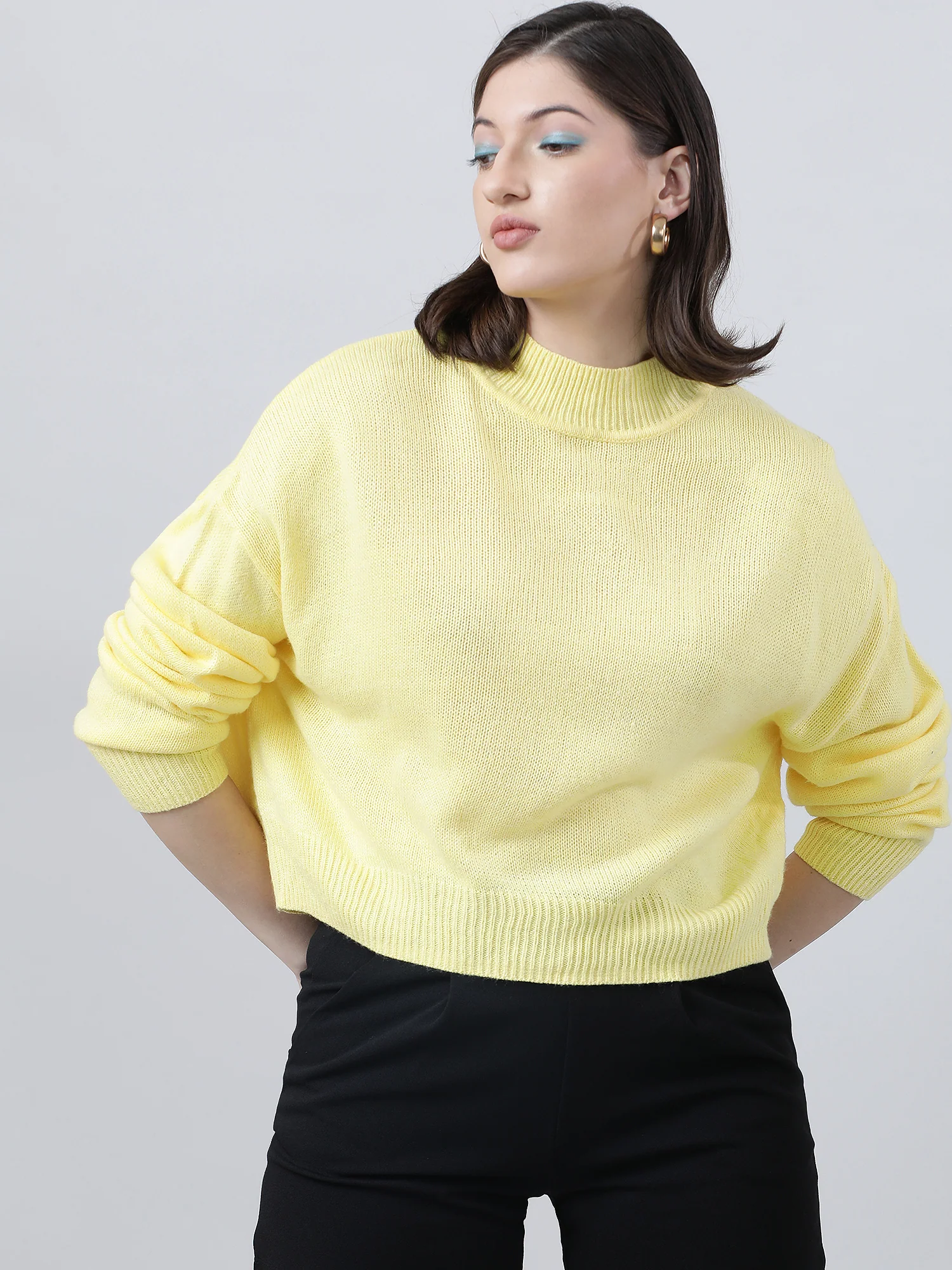 Women Regular Fit Yellow High Neck Sweater - Image 2