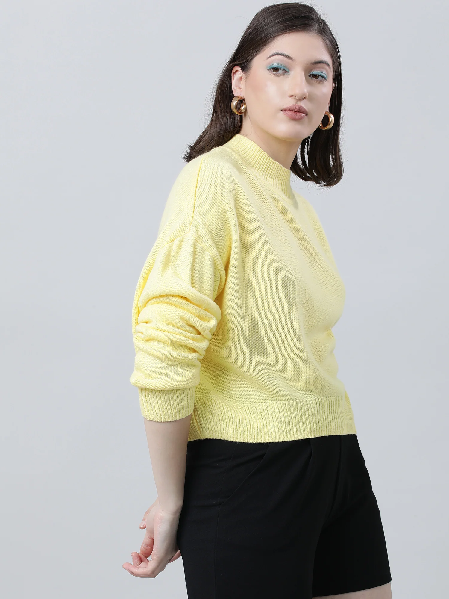 Women Regular Fit Yellow High Neck Sweater - Image 3