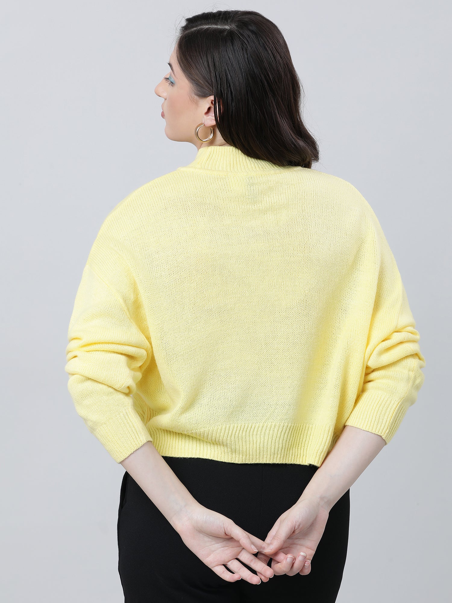 Women Regular Fit Yellow High Neck Sweater - Image 4