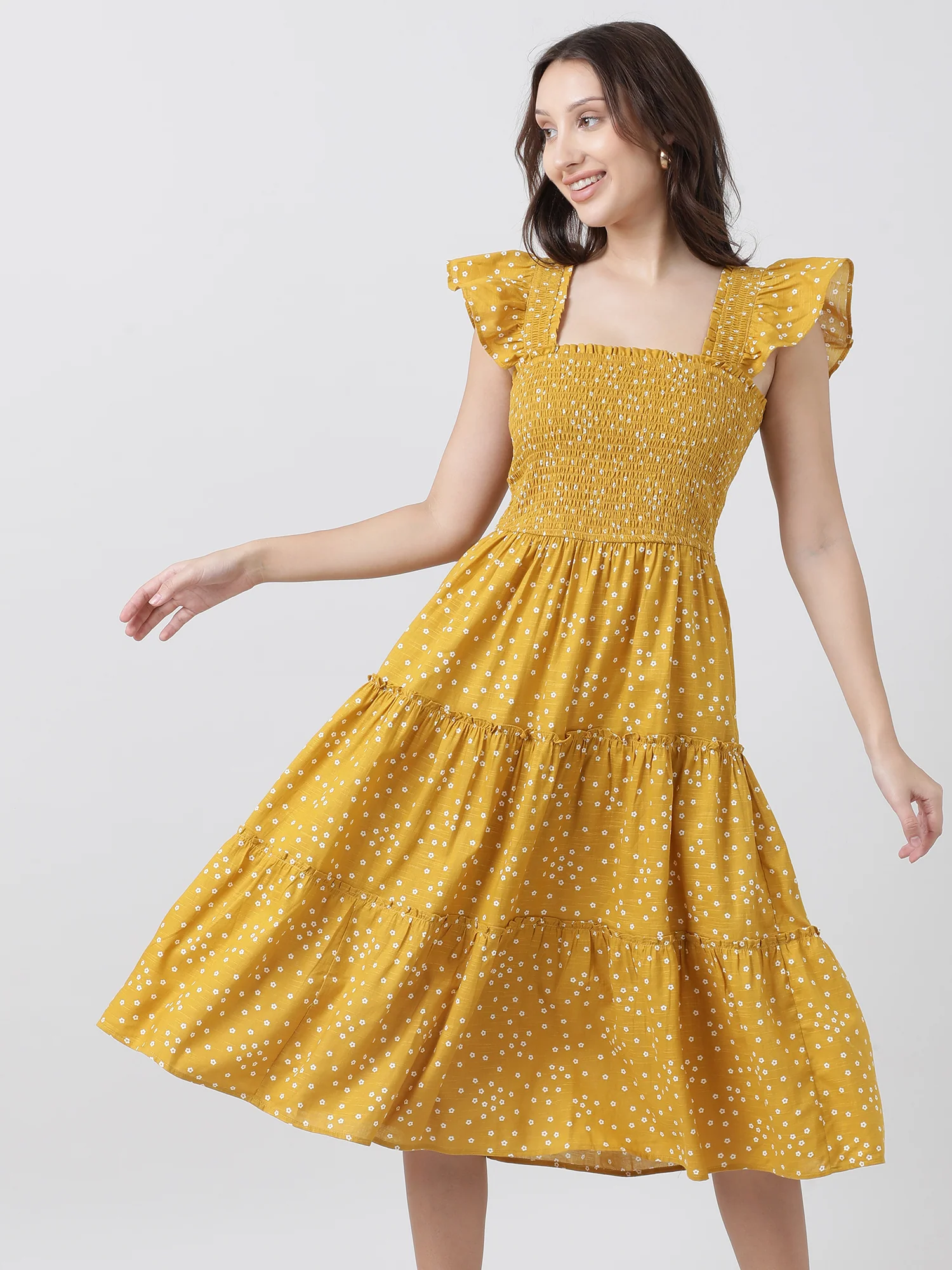Women Regular Fit Yellow Printed A Line Midi Dress - Image 2