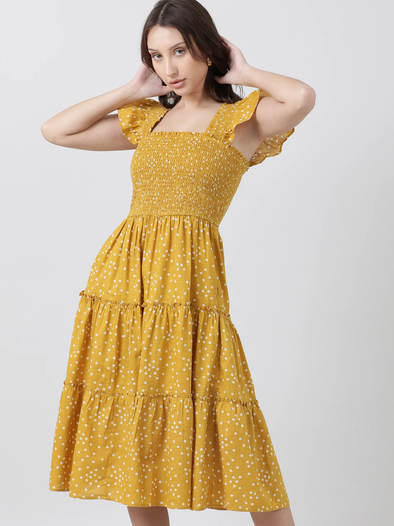 Women Regular Fit Yellow Printed A Line Midi Dress - Image 3