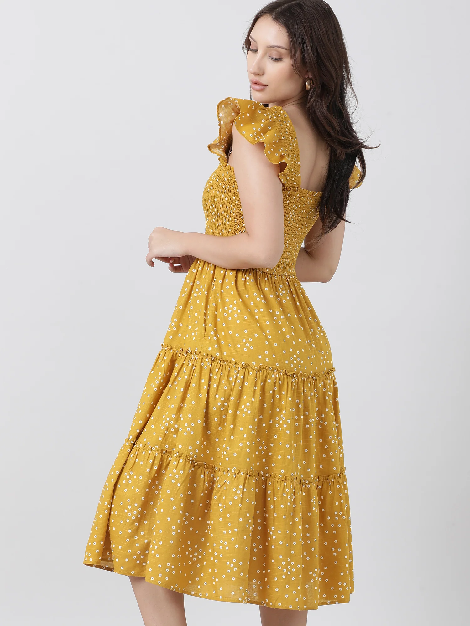 Women Regular Fit Yellow Printed A Line Midi Dress - Image 4