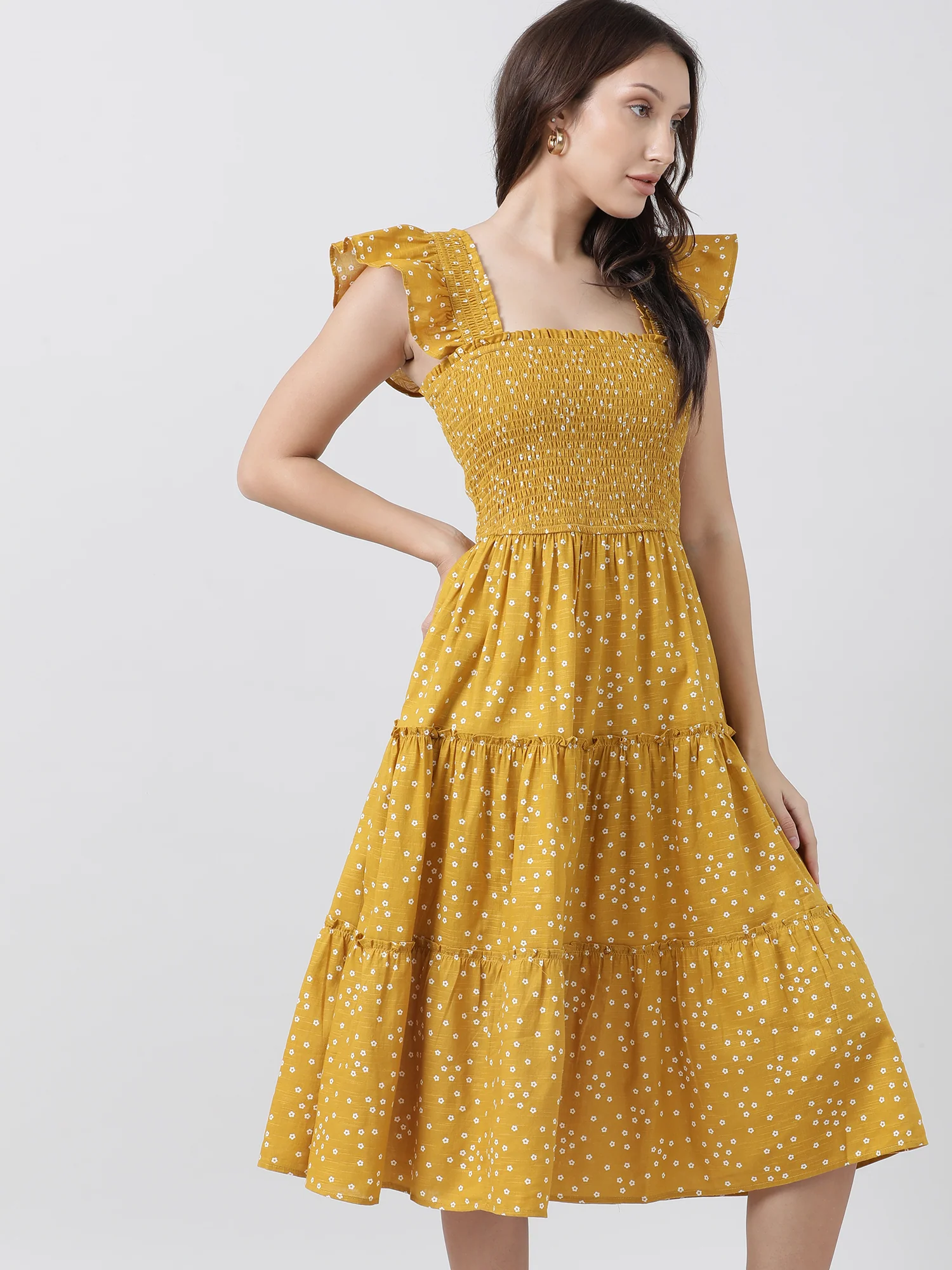 Women Regular Fit Yellow Printed A Line Midi Dress - Image 5