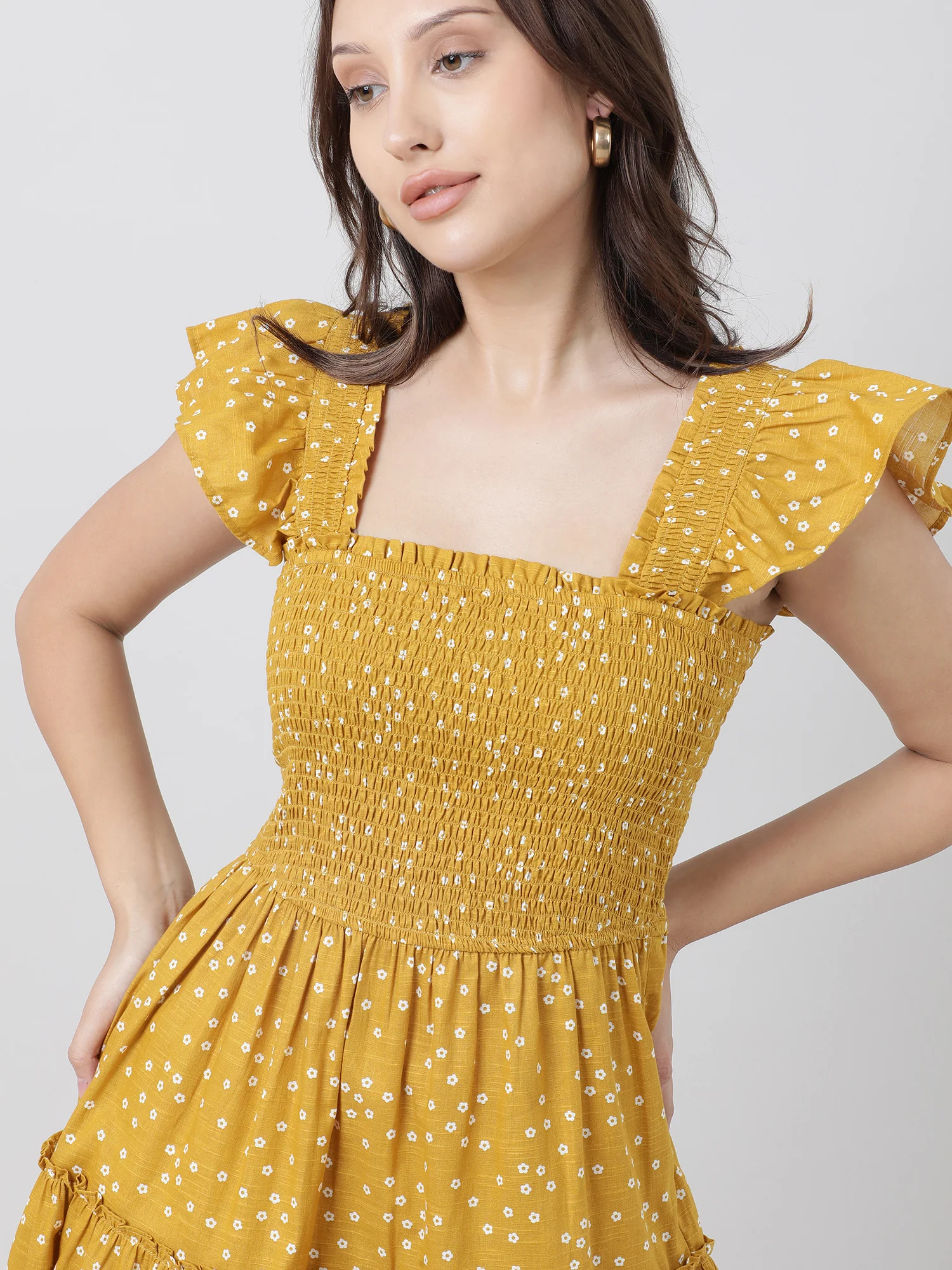 Women Regular Fit Yellow Printed A Line Midi Dress - Image 6