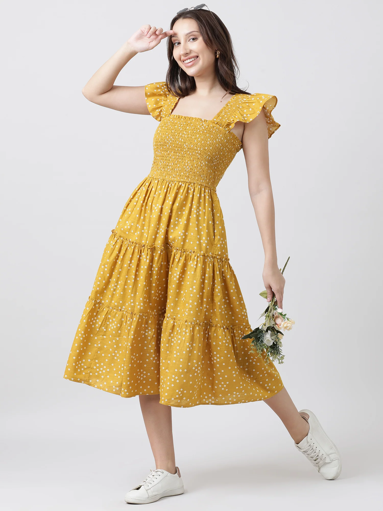 Women Regular Fit Yellow Printed A Line Midi Dress - Image 7
