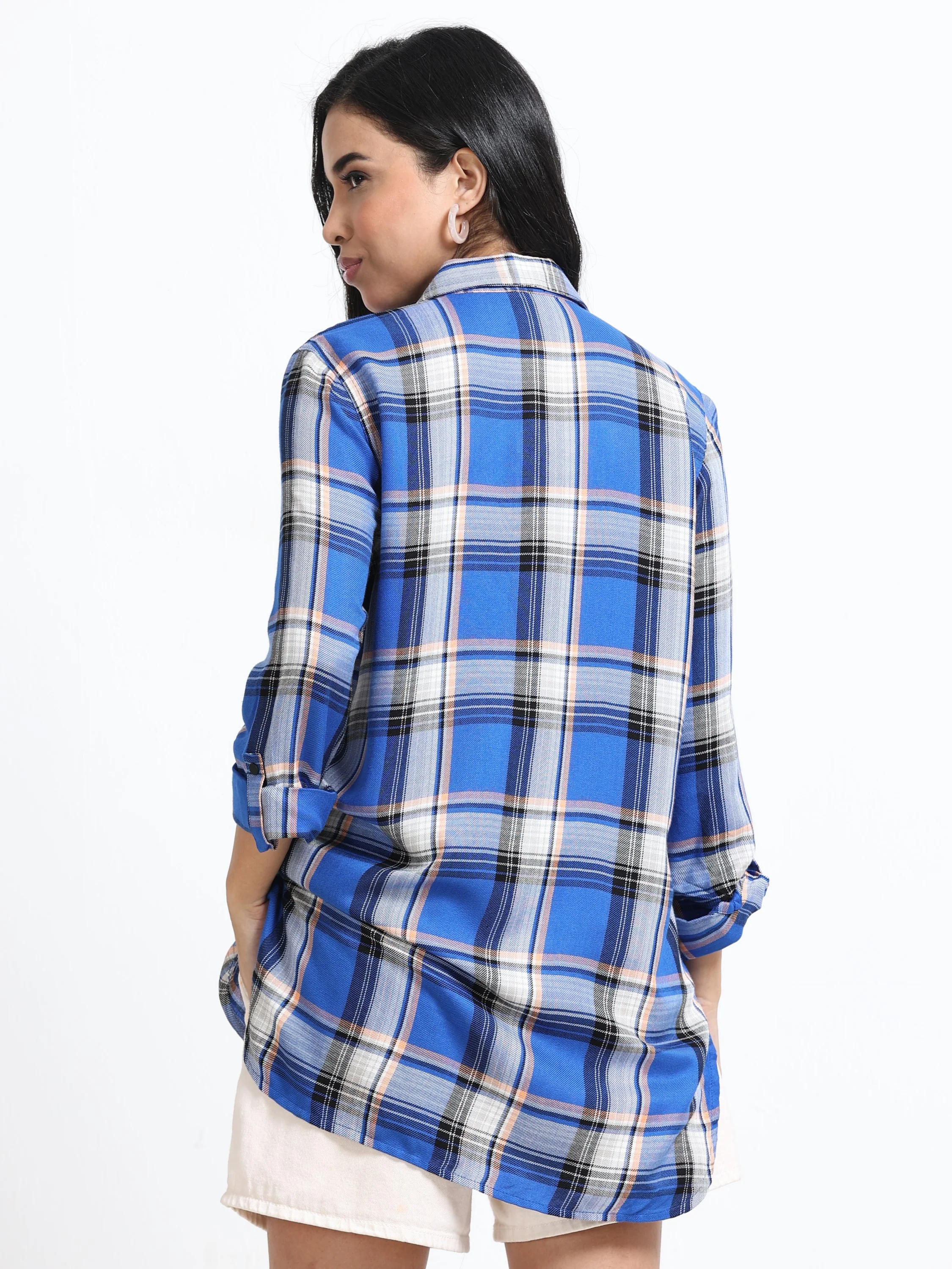 Women Relaxed Fit Blue Checked Shirt - Image 3