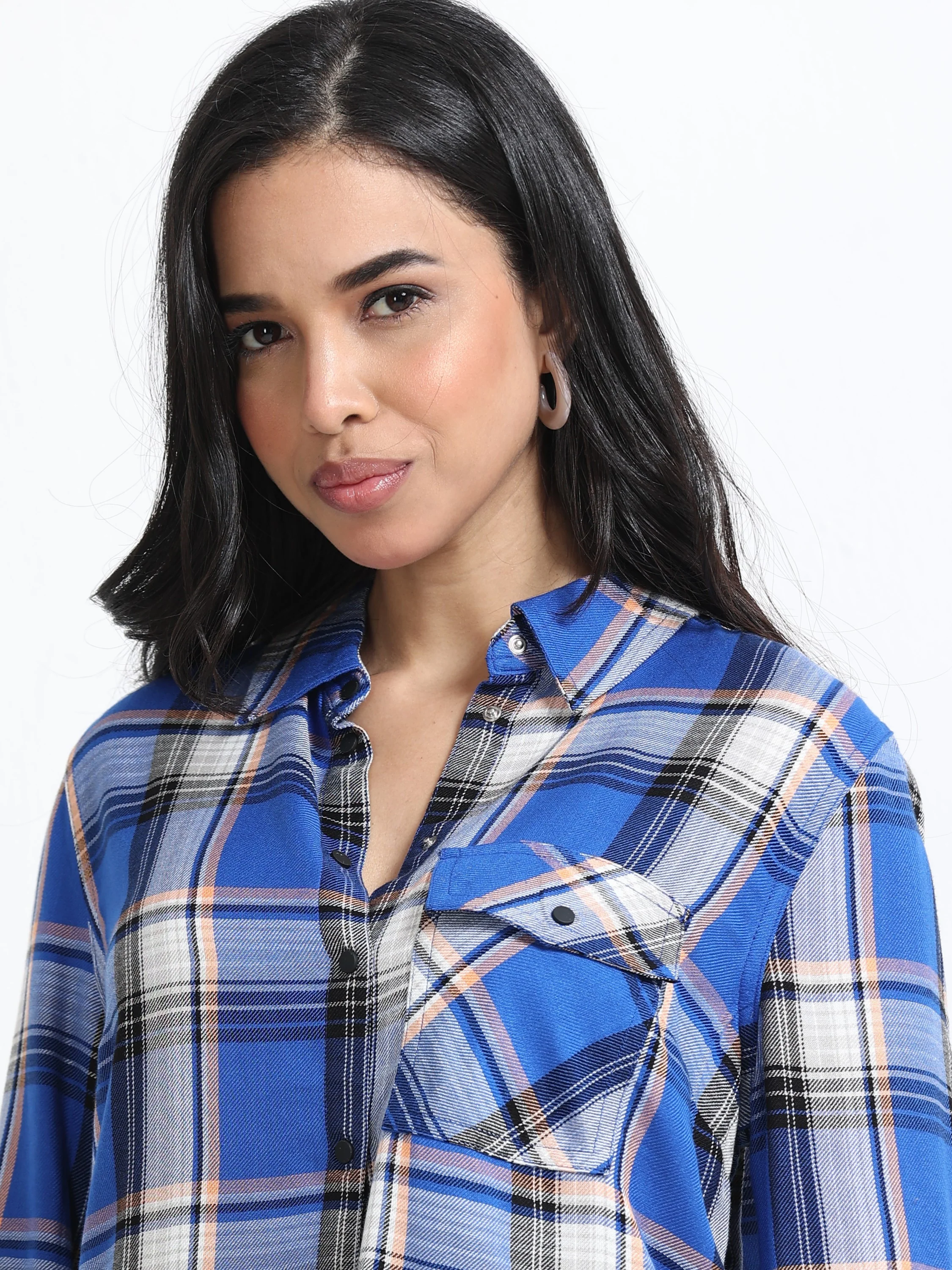 Women Relaxed Fit Blue Checked Shirt - Image 5