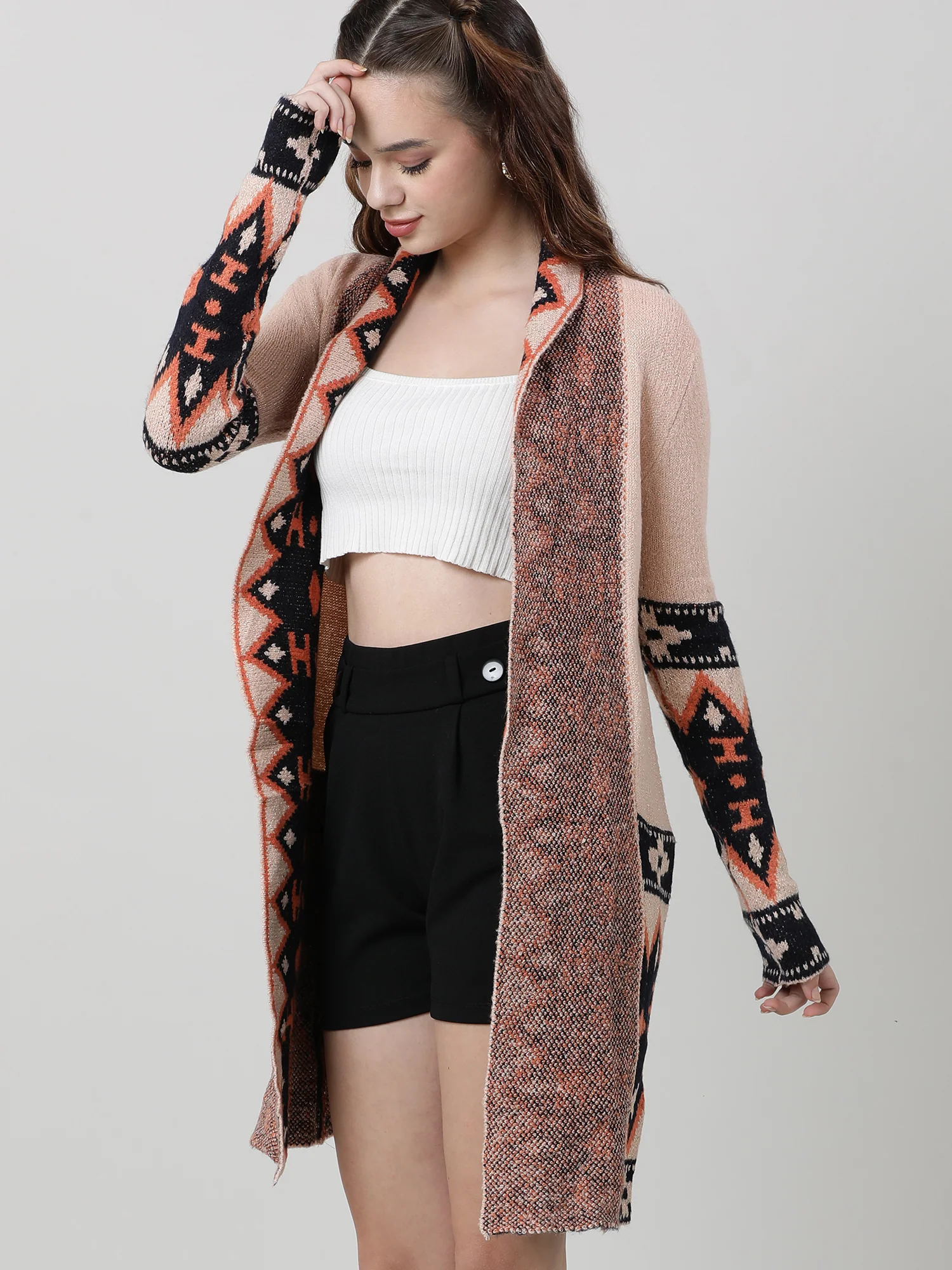 Women Relaxed Fit Coral Longline Open Front Shrug - Image 3