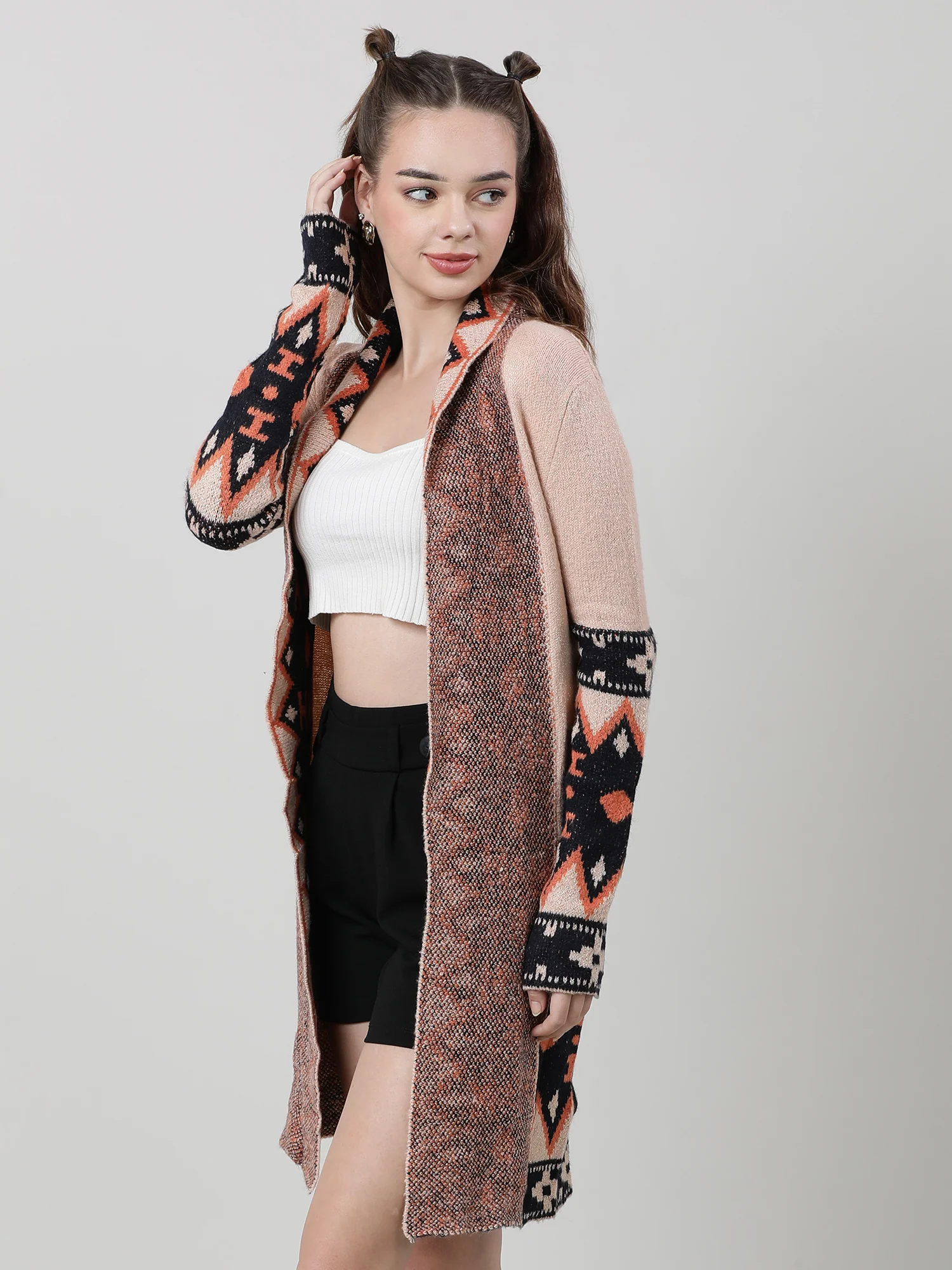 Women Relaxed Fit Coral Longline Open Front Shrug - Image 4