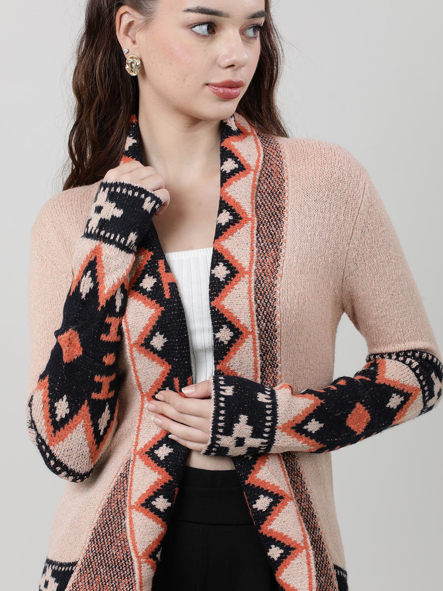 Women Relaxed Fit Coral Longline Open Front Shrug - Image 5